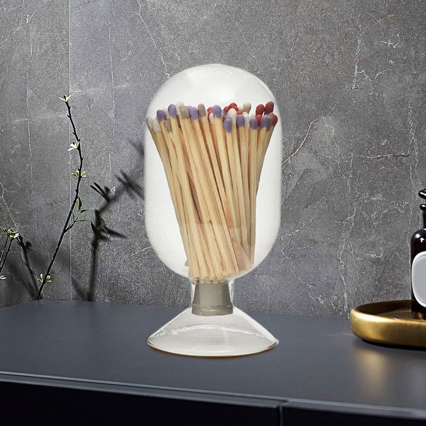 Glass Match Cloche Jar Storage Container,Multiuse,Hold 80 Matches, Decorative,Match Storage Jar (Matches Not Included), M