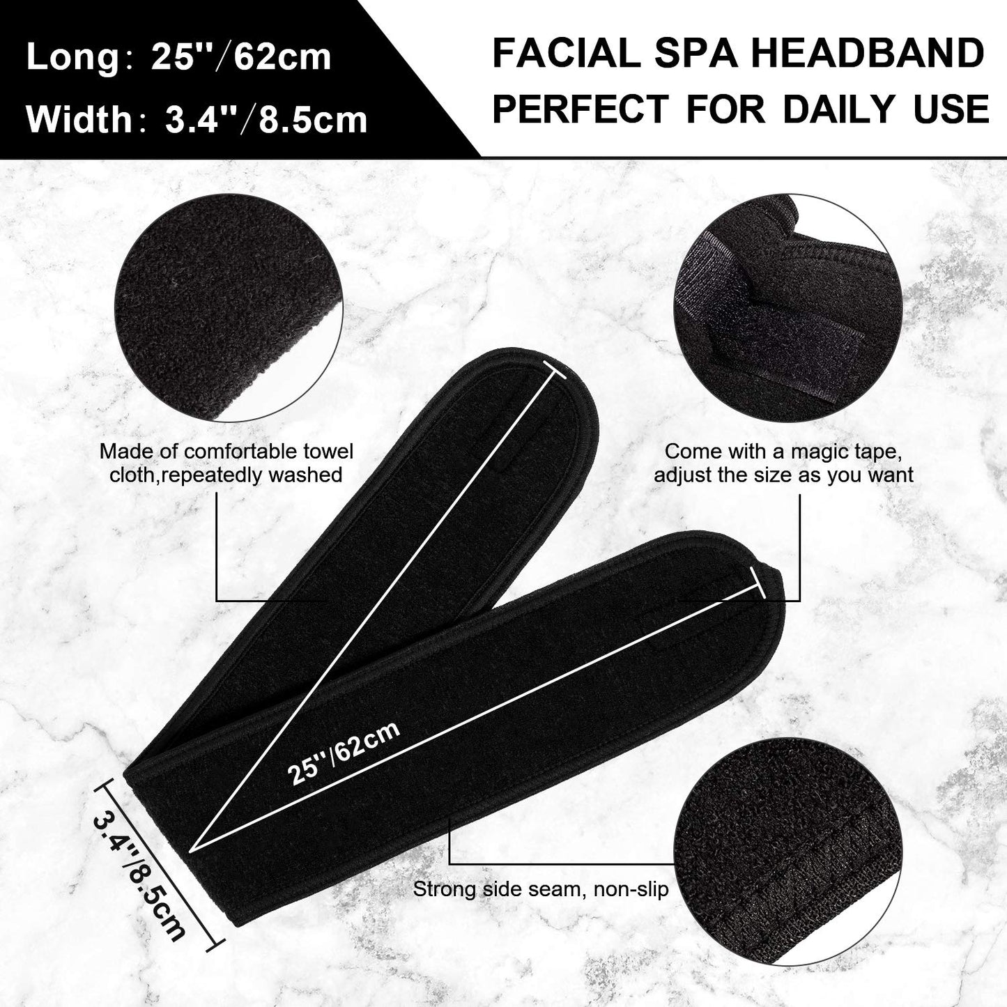 Whaline 3Pcs Spa Facial Headband Make Up Wrap Head Terry Cloth Headband Adjustable Washable Towel for Shower Makeup Face Washing Skincare Facial Treatment Sport Fits (White, Black, Pink)