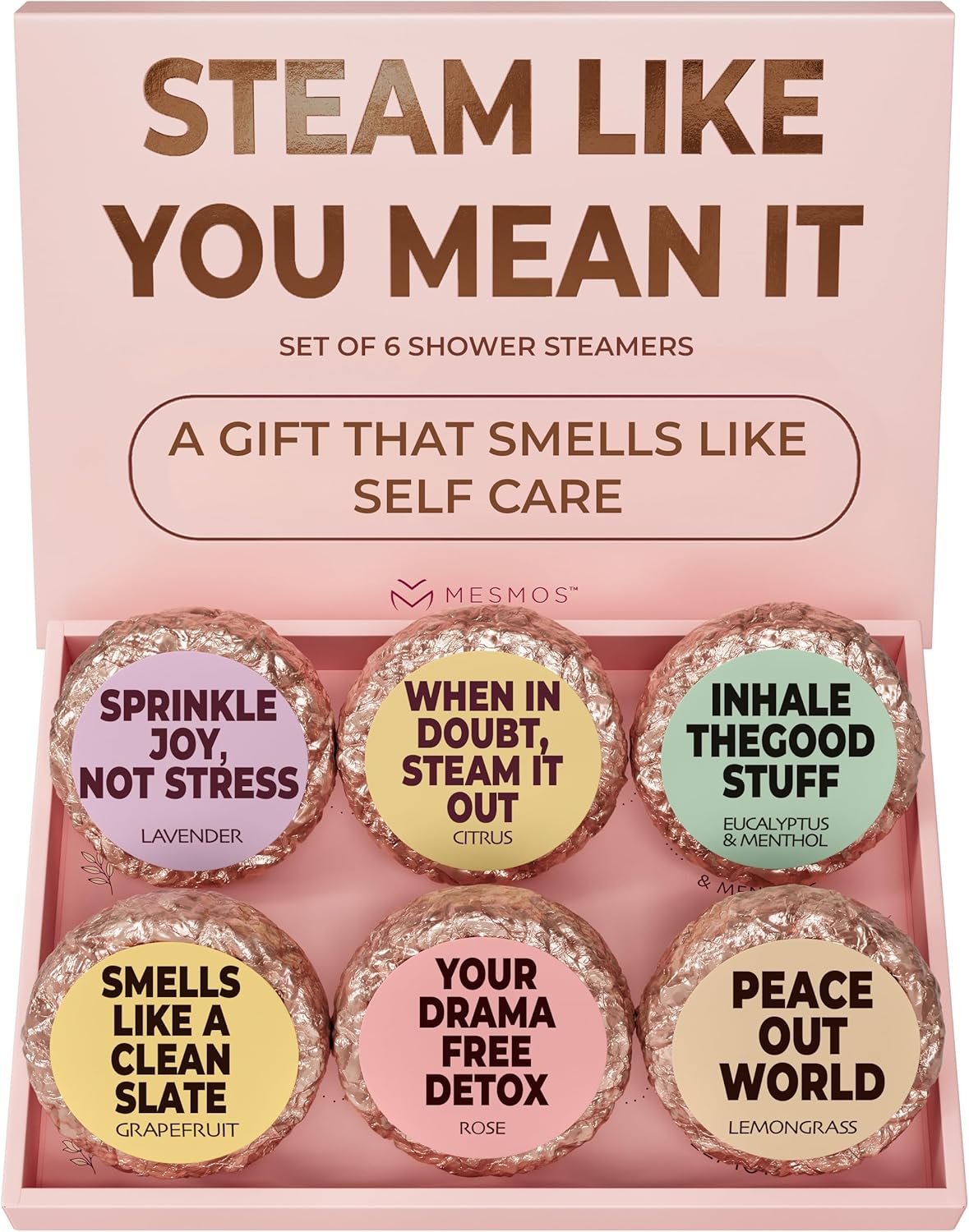 MESMOS Shower Steamers Aromatherapy 6pack Gift Set, Self Care Gifts for Women, Essential Oil Shower Bombs, Spa Stress Relief Birthday Kit. Lavender Eucalyptus Menthol Rose Citrus Grapefruit Lemongrass