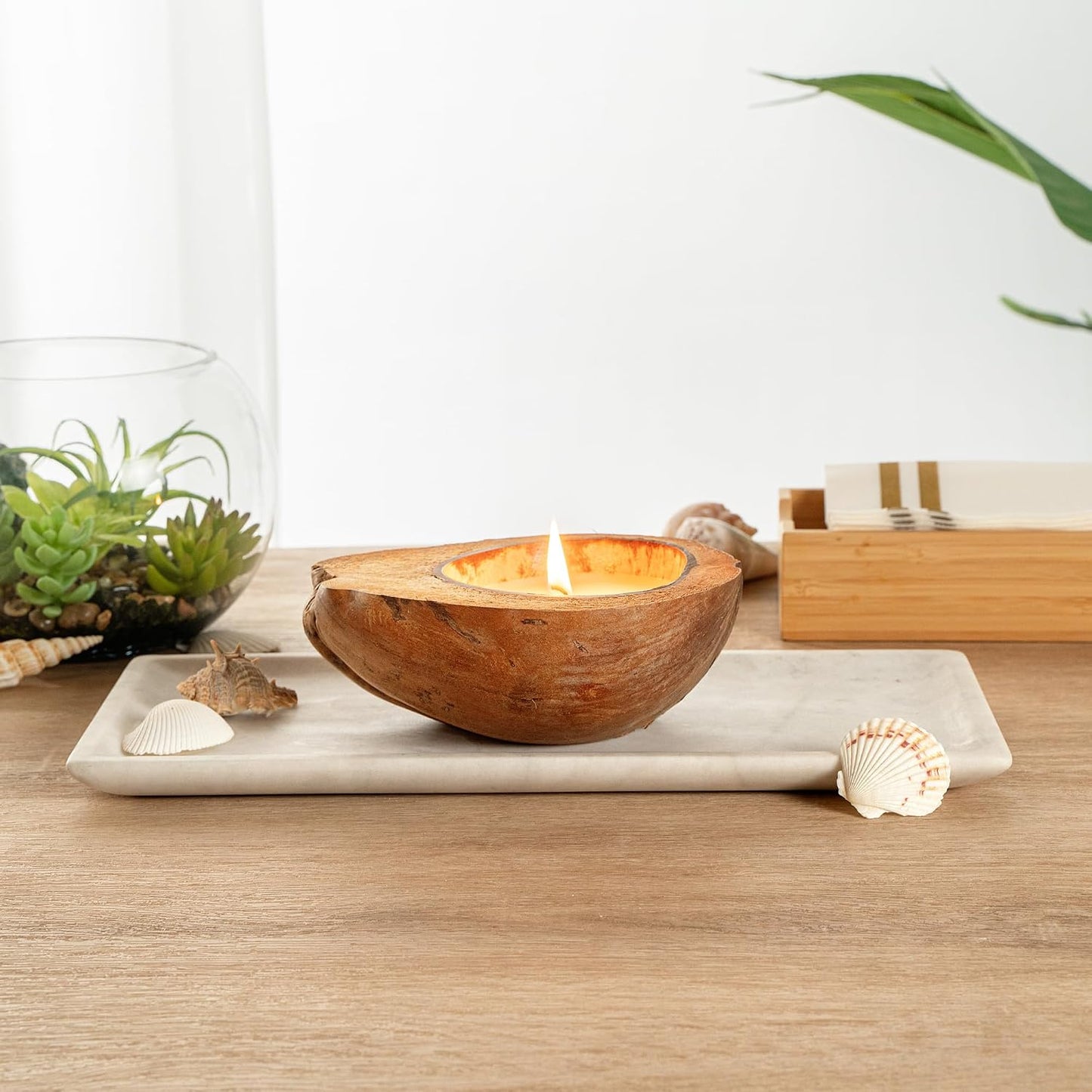 Restaurantware-Coco Casa 6.5 x 2.5 Inch Coconut Shell Candle, 1 Hand Poured Coconut Bowl Candle - Jasmine Fragrance, Double Wax Blend, Soy Wax Scented, Wooden Wick,