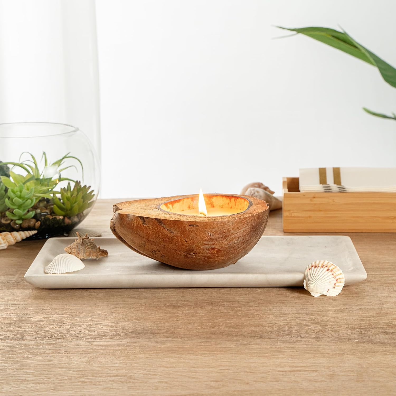 Restaurantware-Coco Casa 6.5 x 2.5 Inch Coconut Shell Candle, 1 Hand Poured Coconut Bowl Candle - Jasmine Fragrance, Double Wax Blend, Soy Wax Scented, Wooden Wick,