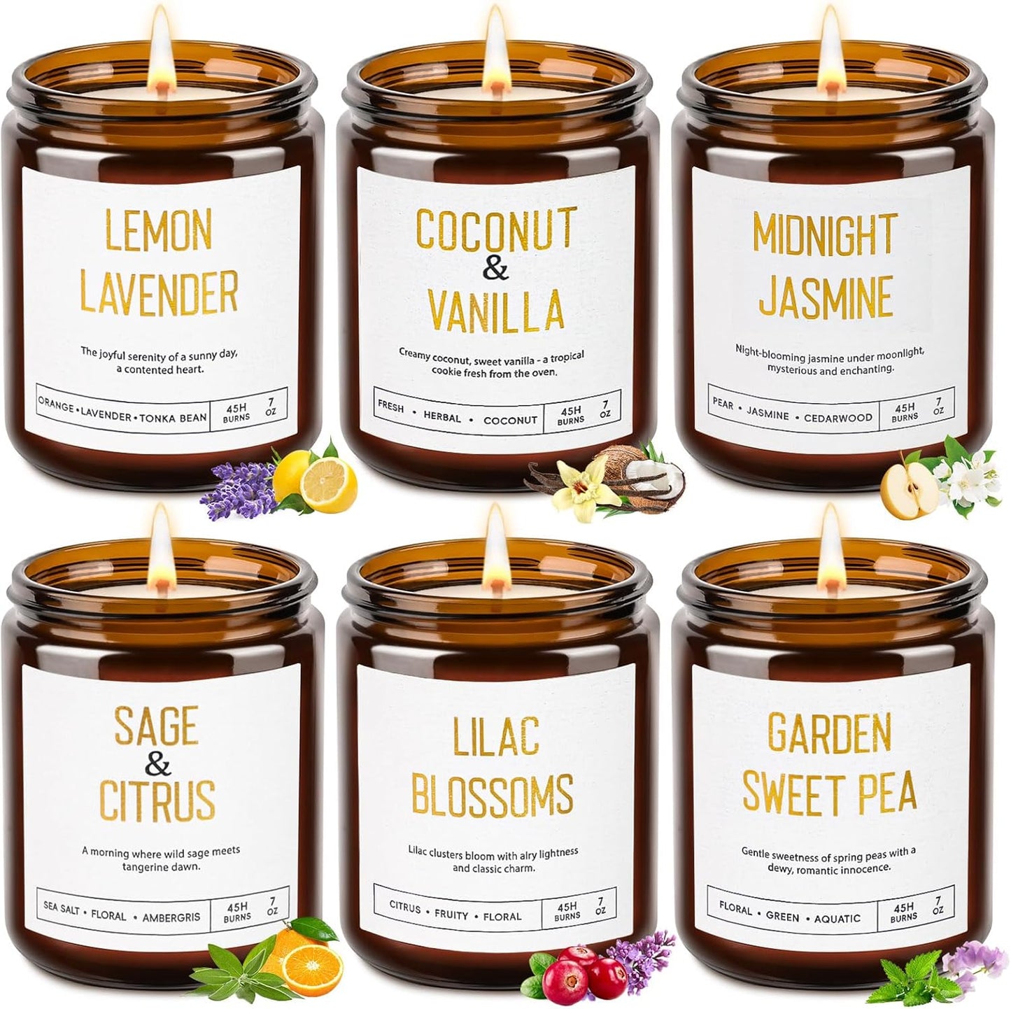 Candles for Home Scented - Soy Candles Non Toxic, 6 Pack Candle Gift Set, Long Lasting Scented Candles with Lavender, Lemon, Vanilla, Coconut, Jasmine, Sage -Floral & Fruity Scents
