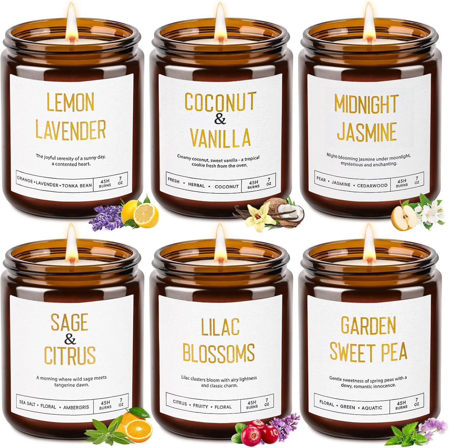 Candles for Home Scented - Soy Candles Non Toxic, 6 Pack Candle Gift Set, Long Lasting Scented Candles with Lavender, Lemon, Vanilla, Coconut, Jasmine, Sage -Floral & Fruity Scents
