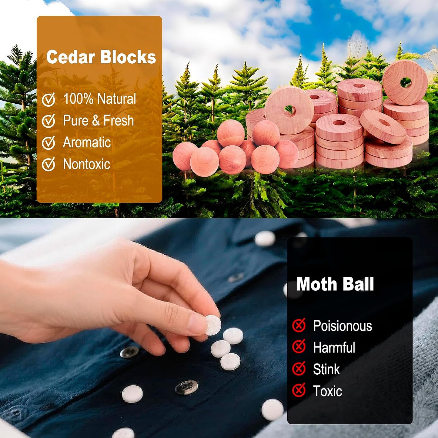 Cedar Blocks for Clothes Storage 100% Aromatic Red Cedar Balls & Rings Dresser Drawer Freshener Odor Eliminator 30 Rings & Bonus 10 Balls Total 40 Pieces
