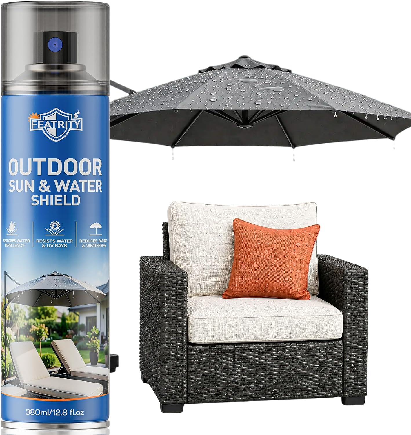 Outdoor Fabric Protector Spray: Heavy Duty Water-Repellent & UV Resistant for Patio Decor Cushions Upholstery Furniture Umbrellas - Invisible Sun and Water Shield, 12.8oz