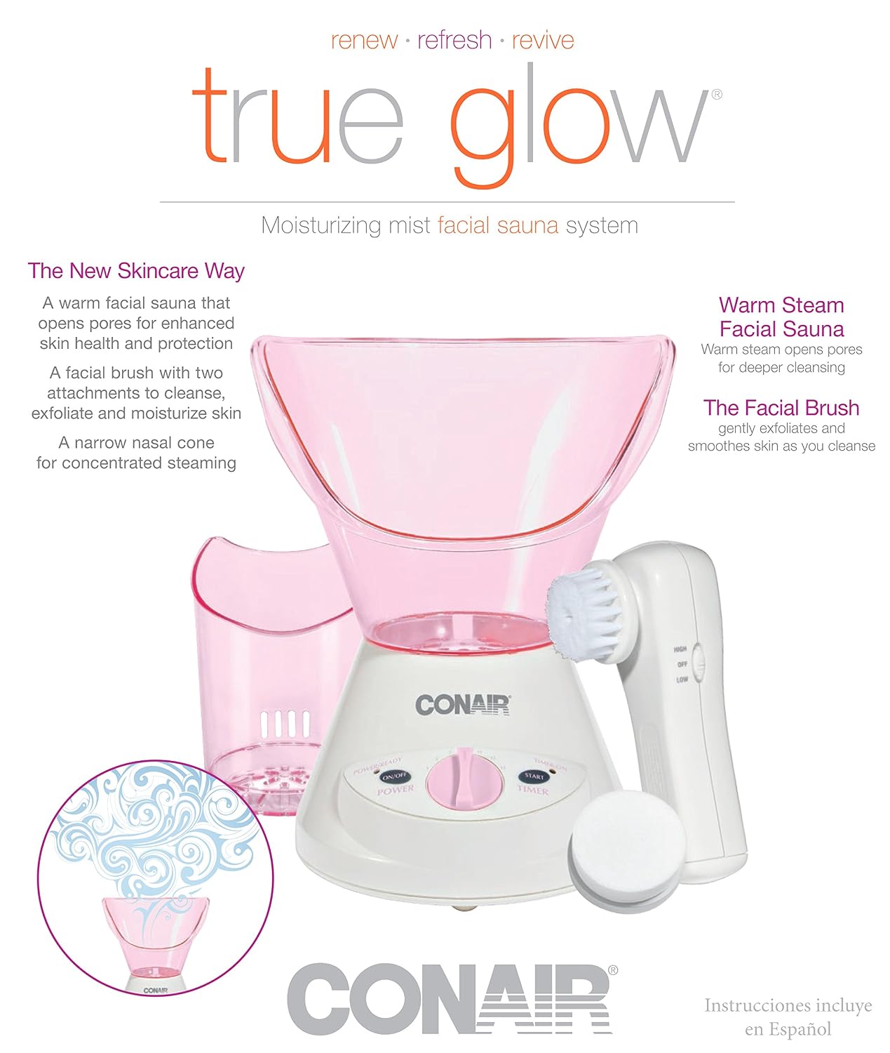 True Glow by Conair Moisturizing Mist Facial Sauna System; Pink / Cream