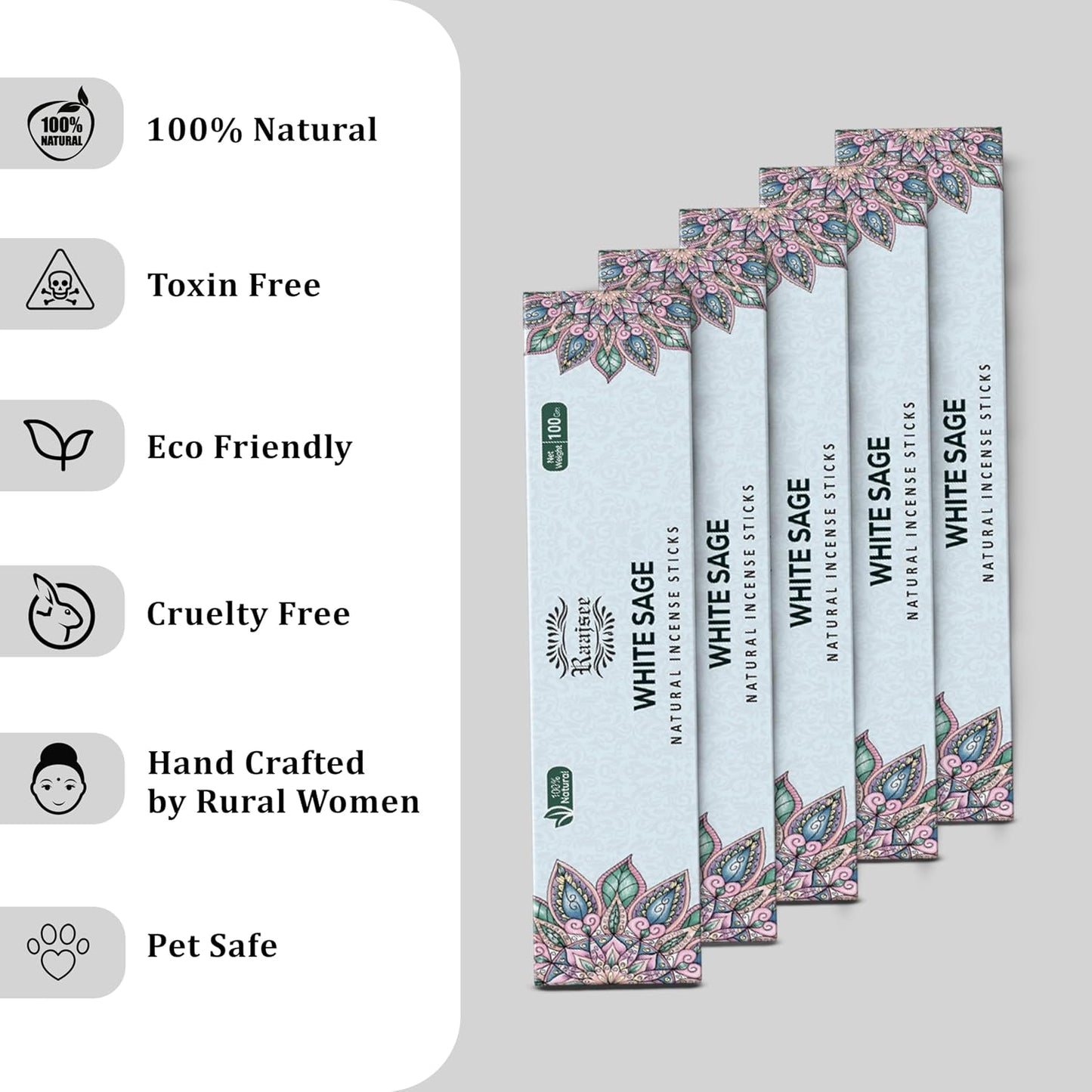 Raajsee White Sage Incense Sticks (180 gm), 100% Pure Organic Natural Hand Rolled Free from Chemicals - Perfect for Aromatherapy, Cleansing, Meditation, and Church (Pack of 12)