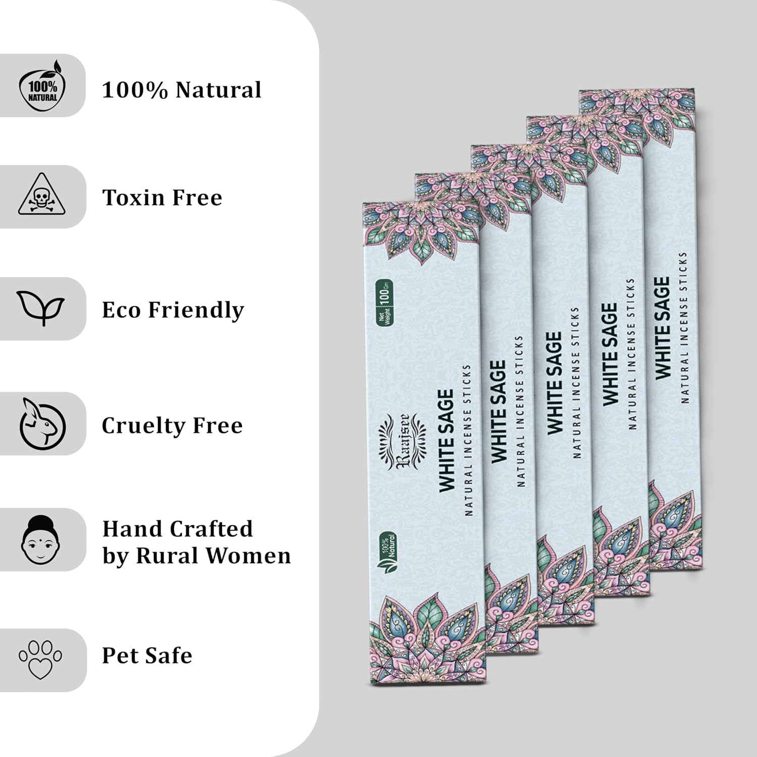 Raajsee White Sage Incense Sticks (180 gm), 100% Pure Organic Natural Hand Rolled Free from Chemicals - Perfect for Aromatherapy, Cleansing, Meditation, and Church (Pack of 12)