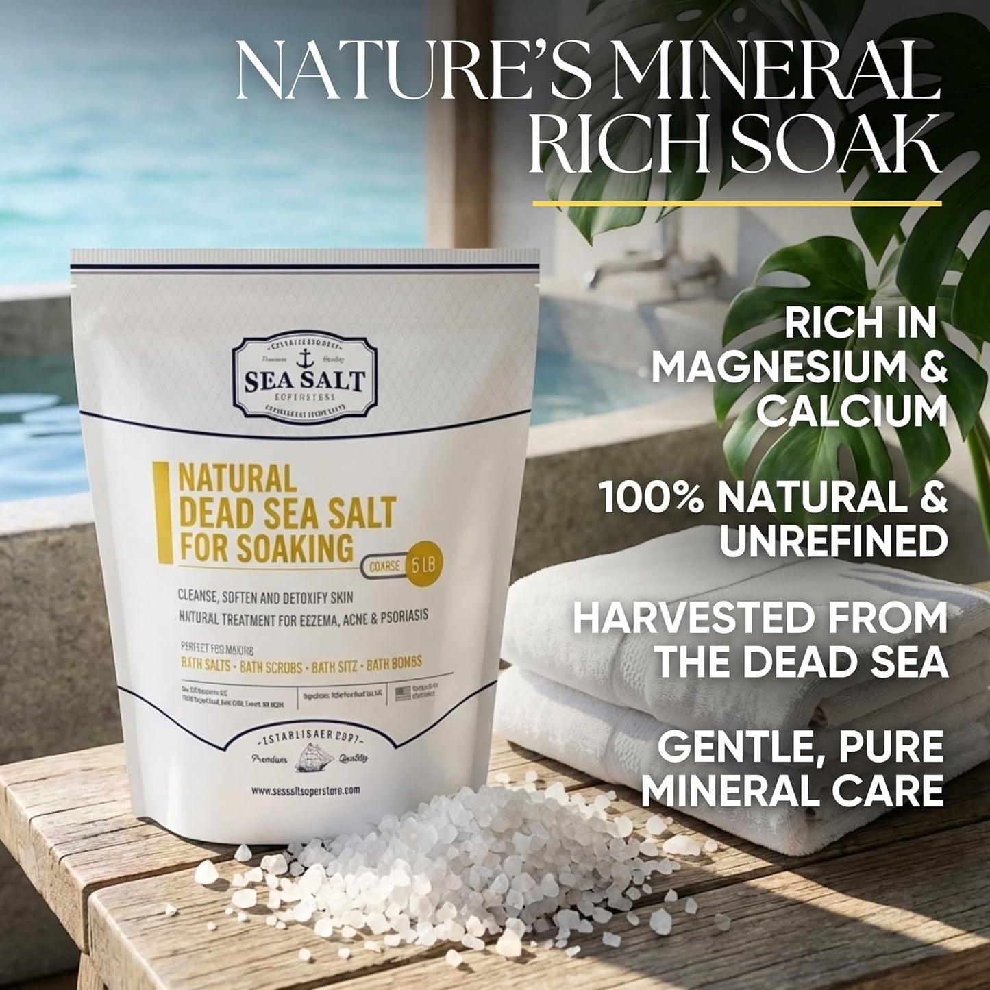 Sea Salt Superstore Natural Dead Sea Salt for Soaking - Coarse Grain Mineral Bath Salts from Israel Supporting Muscle Relaxation & Skin Rejuvenation - Home Spa Essentials - (5lb Bag)