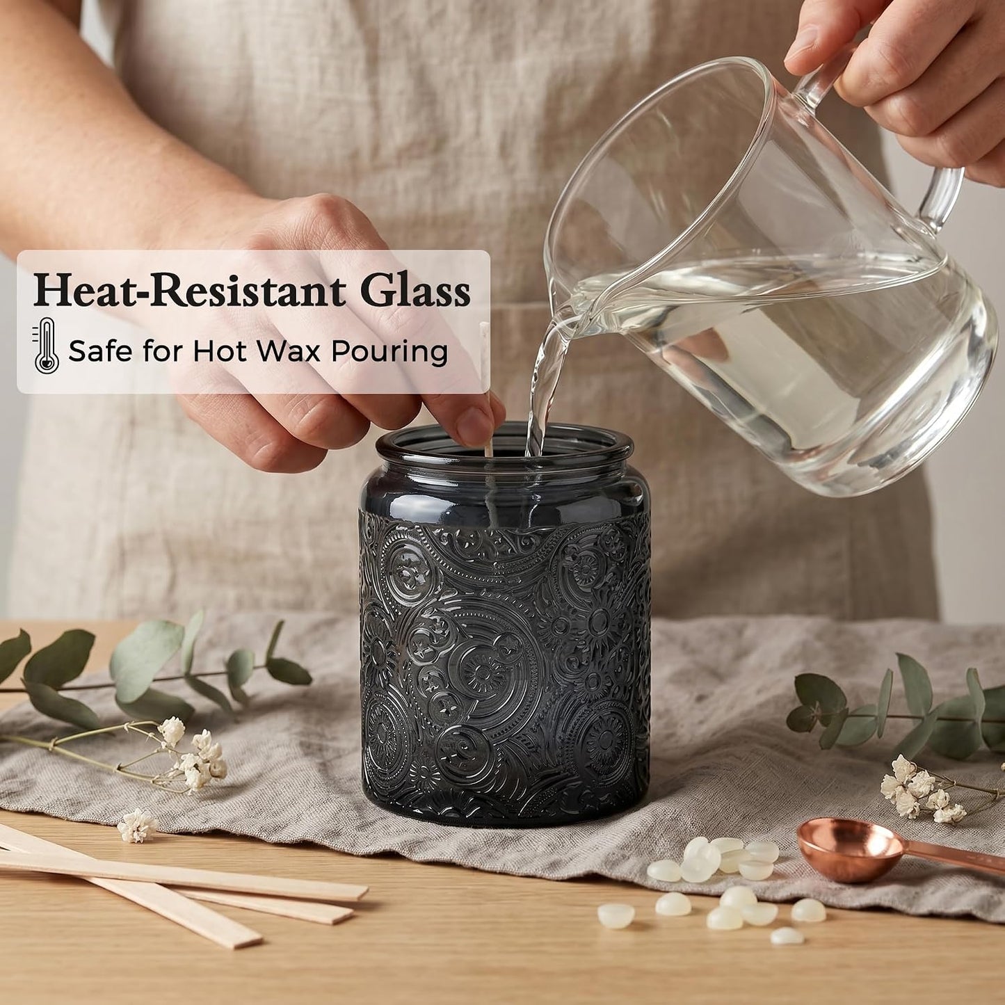 8 oz Gray Sun Moon Stars Candle Jars with Bamboo Lids, 9 Pack | Patented Embossed Design, Includes Wick Centering Devices & Warning Labels, Multiple Color Options