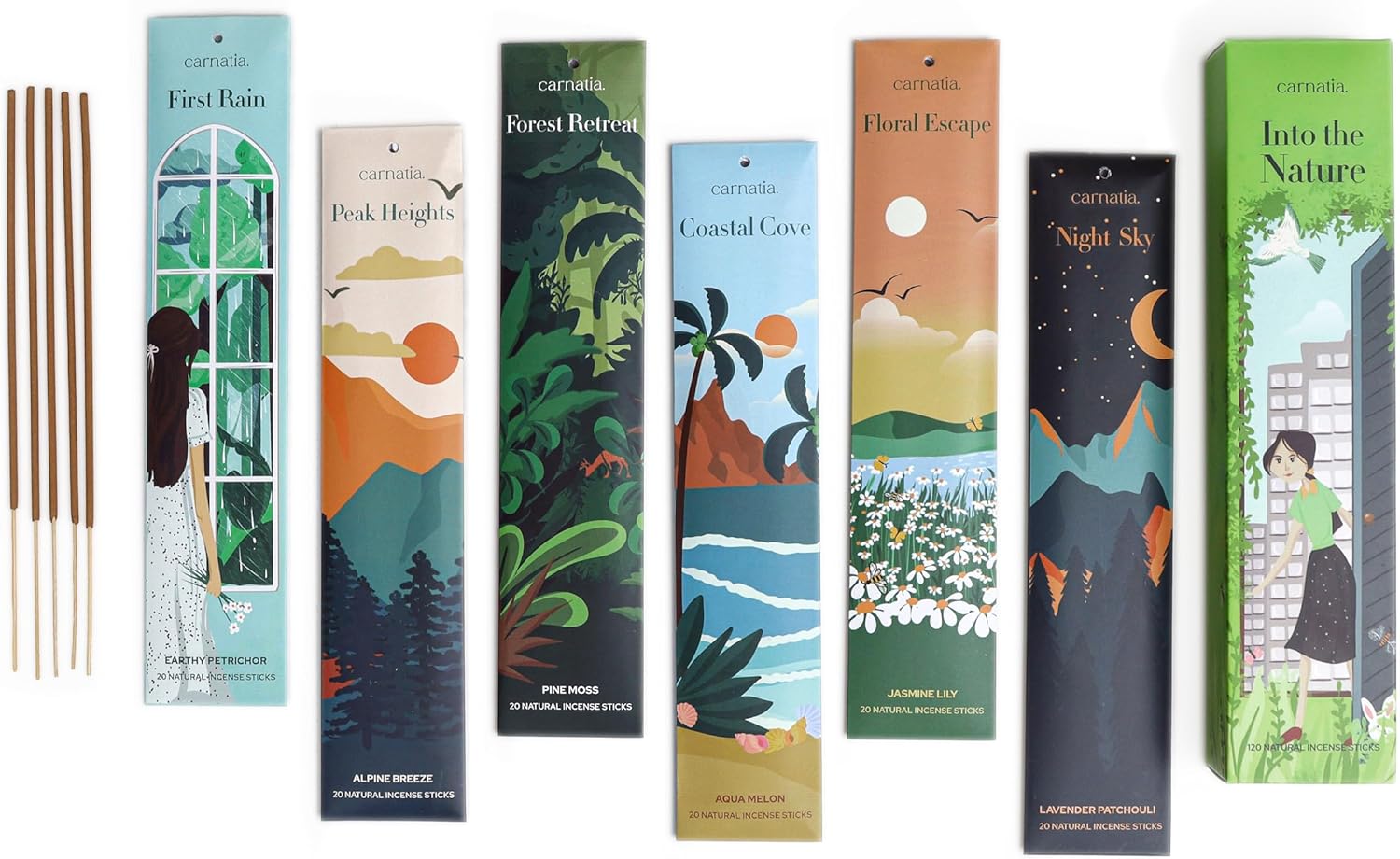 Carnatia Into the Nature Incense Sticks – Set of 6 Fresh, Earthy Scents for Stress Relief, Inner Peace & Clarity | Natural, Long-Lasting Aromas to Reconnect with the Earth Like Never Before!