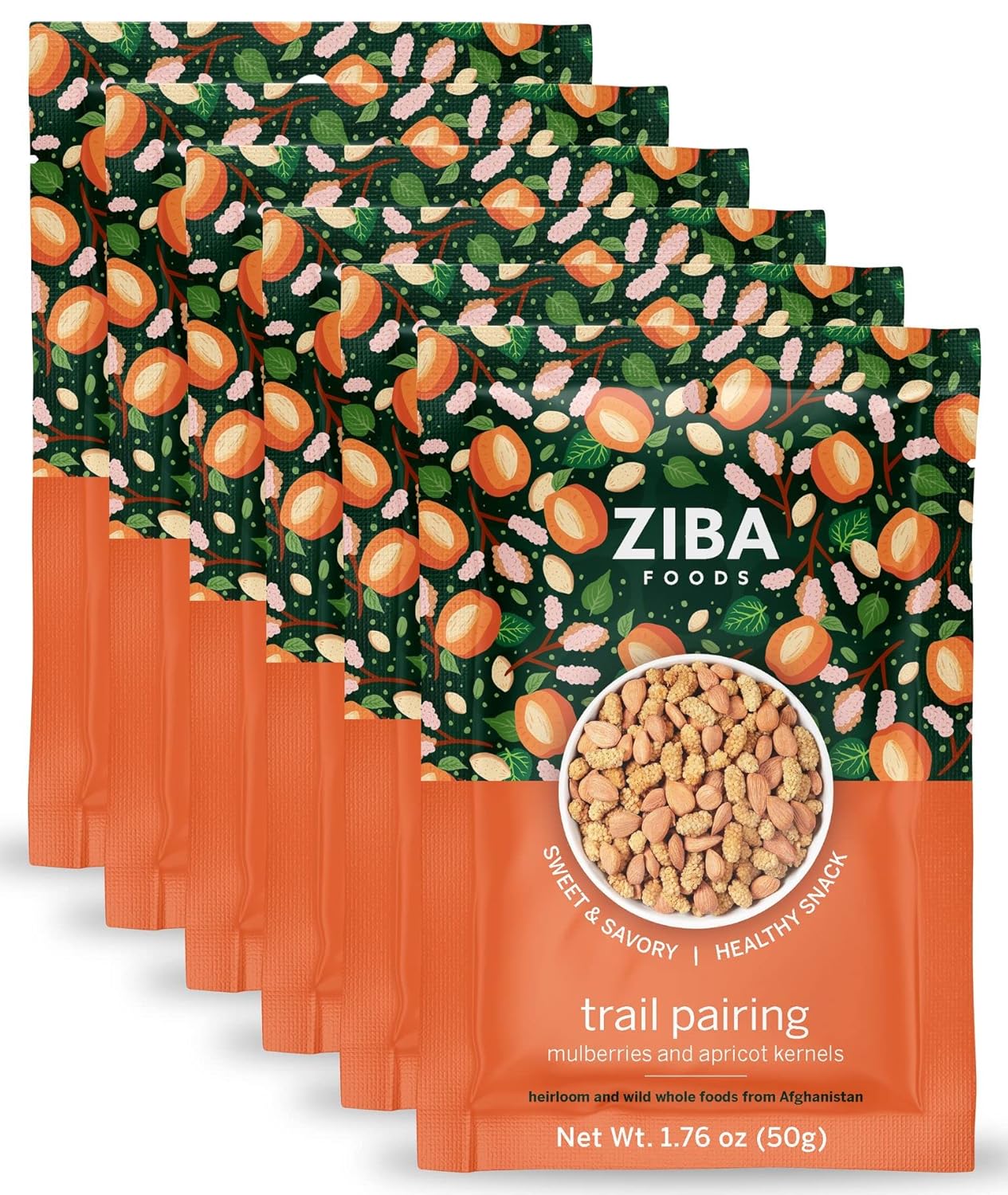 Ziba Foods Trail Pairing - Sweet Apricot Kernels & Dried Mulberries Mix - Non-GMO, Vegan, Whole 30 Friendly & Paleo - High in Fiber, Iron & Immune Boosting Antioxidants - Sweet & Savory, Pack of 6