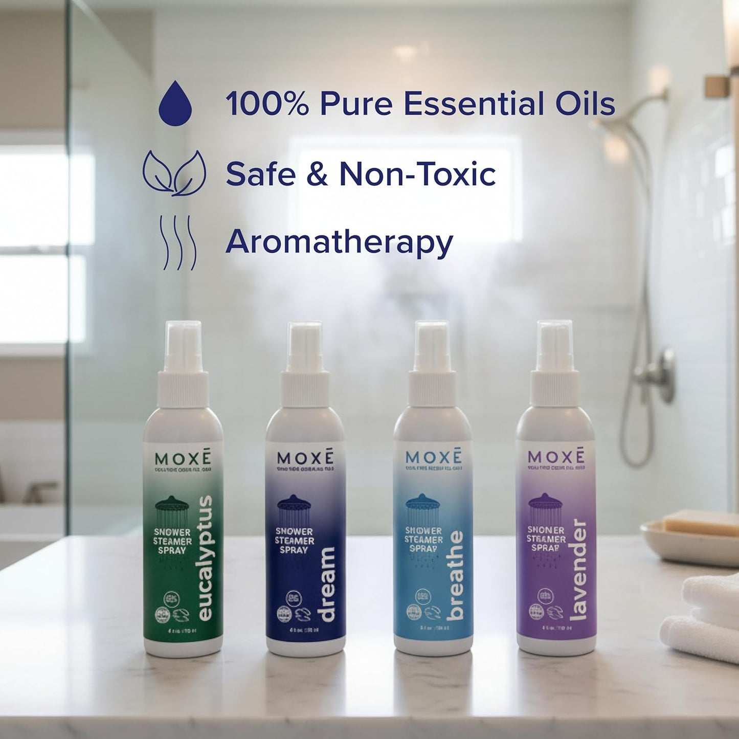 MOXE Aromatherapy Shower Mist Variety Pack, Eucalyptus, Lavender, Breathe and Dream, Spa Steam Spray, Natural 100% Essential Oils, Made in USA, Aromatherapy, Sinus Congestion Relief, 4 Pack (8oz)