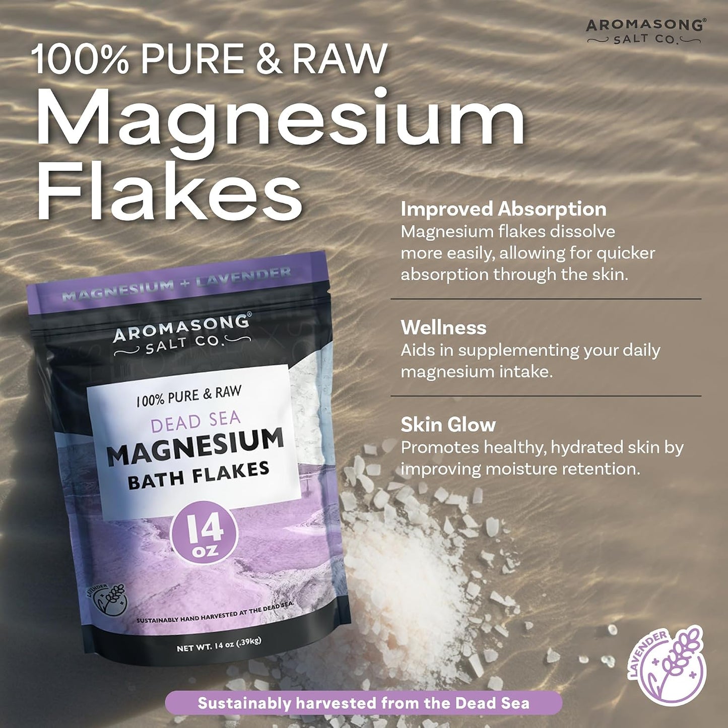 Aromasong RAW Magnesium Bath Flakes with 100% Natural Lavender, 14 Oz. Muscle Relaxing Organic Salts Mg Chloride, Mineral Soak Salt.