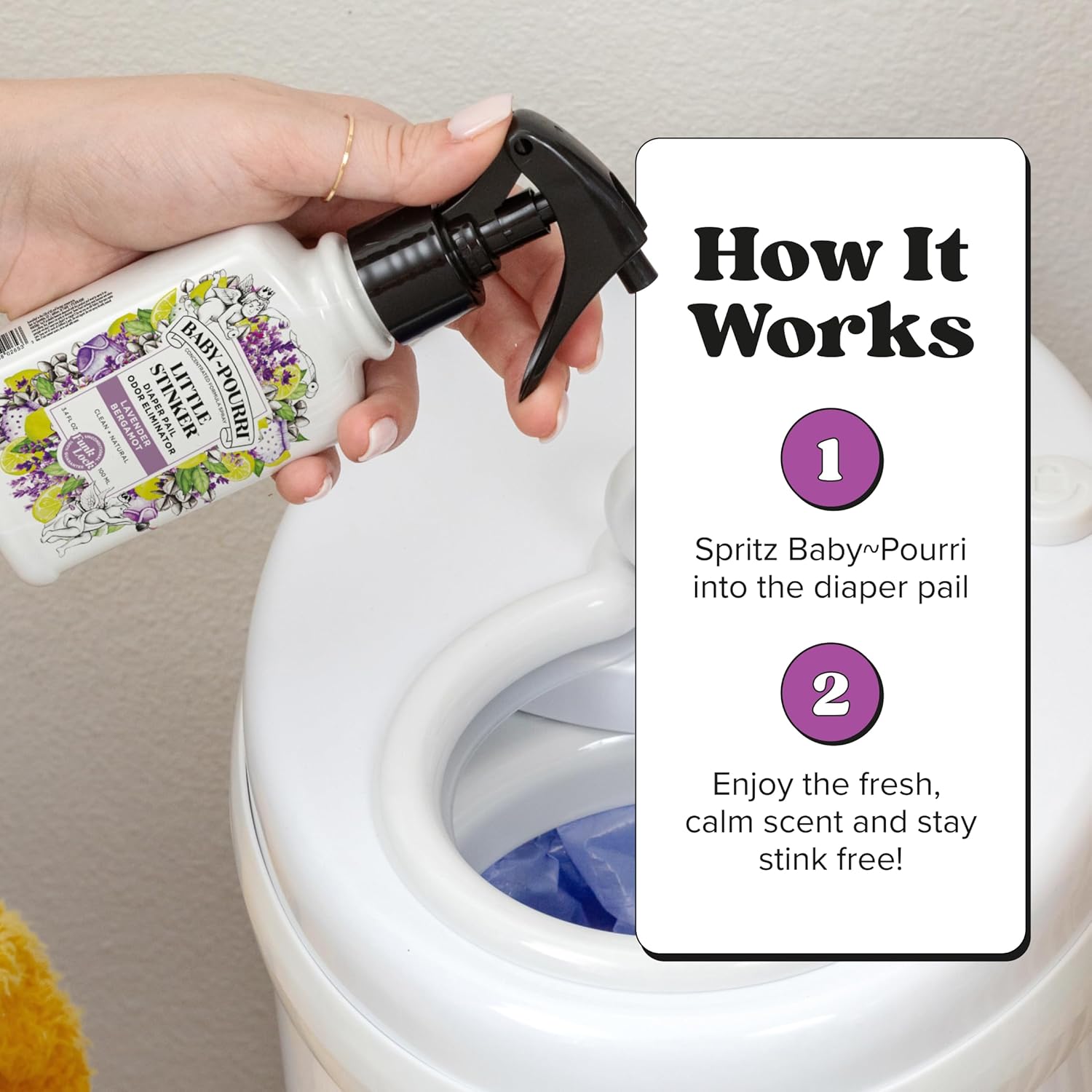 Baby-Pourri Little Stinker Diaper Pail Deodorizer Spray, 3.4 Fl Oz, Up to 150 Uses, Odor Freshener with Essential Oils, Nursery Essentials, Lavender, Bergamot, Eucalyptus & Vanilla Scent