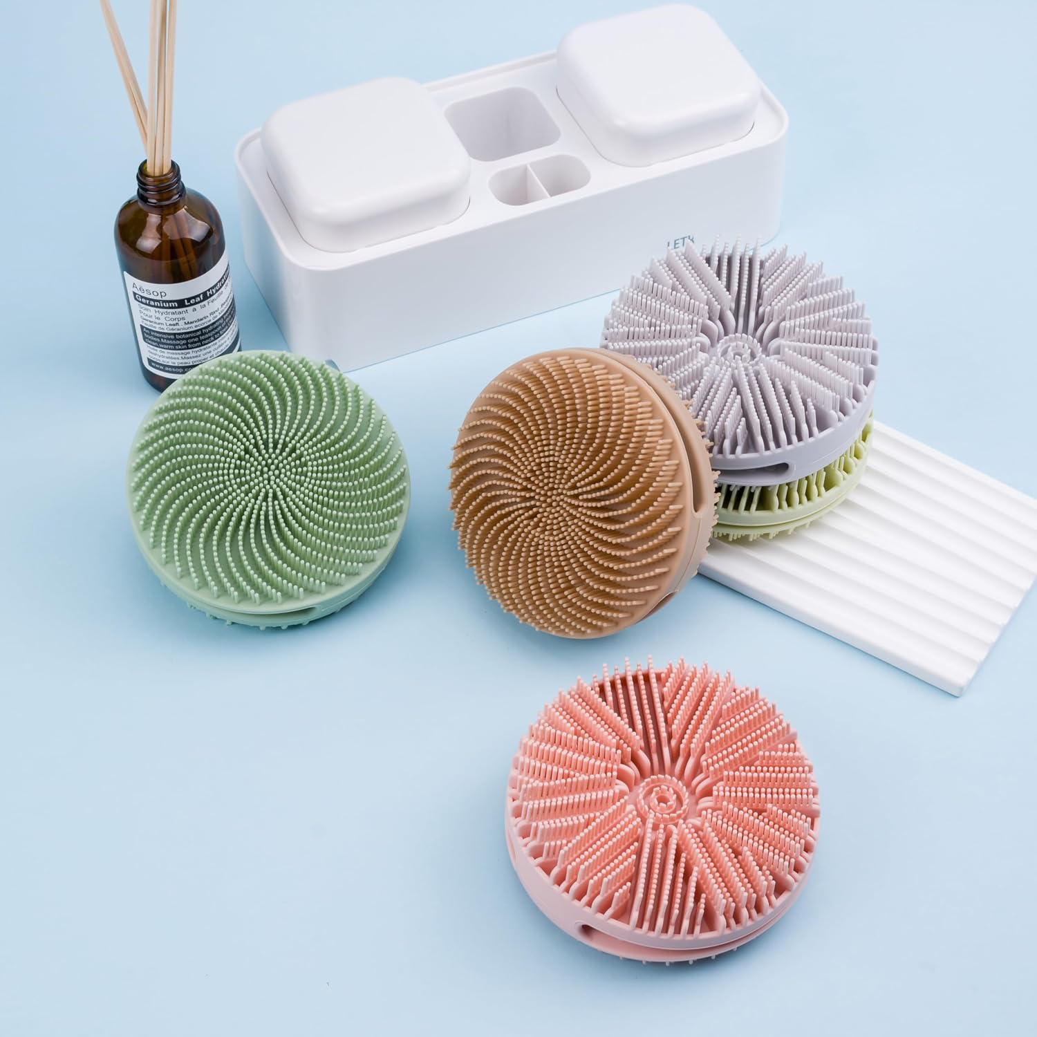 MtBoi 2 Pack Silicone Exfoliating Body Scrubber, Silicone Body Brush, Soft Silicone Loofah for Sensitive Skin, Shower Head Massager, Easy to Clean, Lathers Well(Gray&Green)