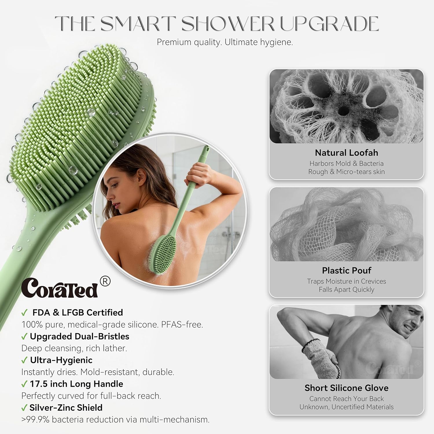 CORATED Silicone Back Scrubber for Shower, Exfoliating Body Scrubber with Long Handle, 2‑in‑1 Body Brush for Women & Men Daily Use, Loofah Alternative Bath Accessories