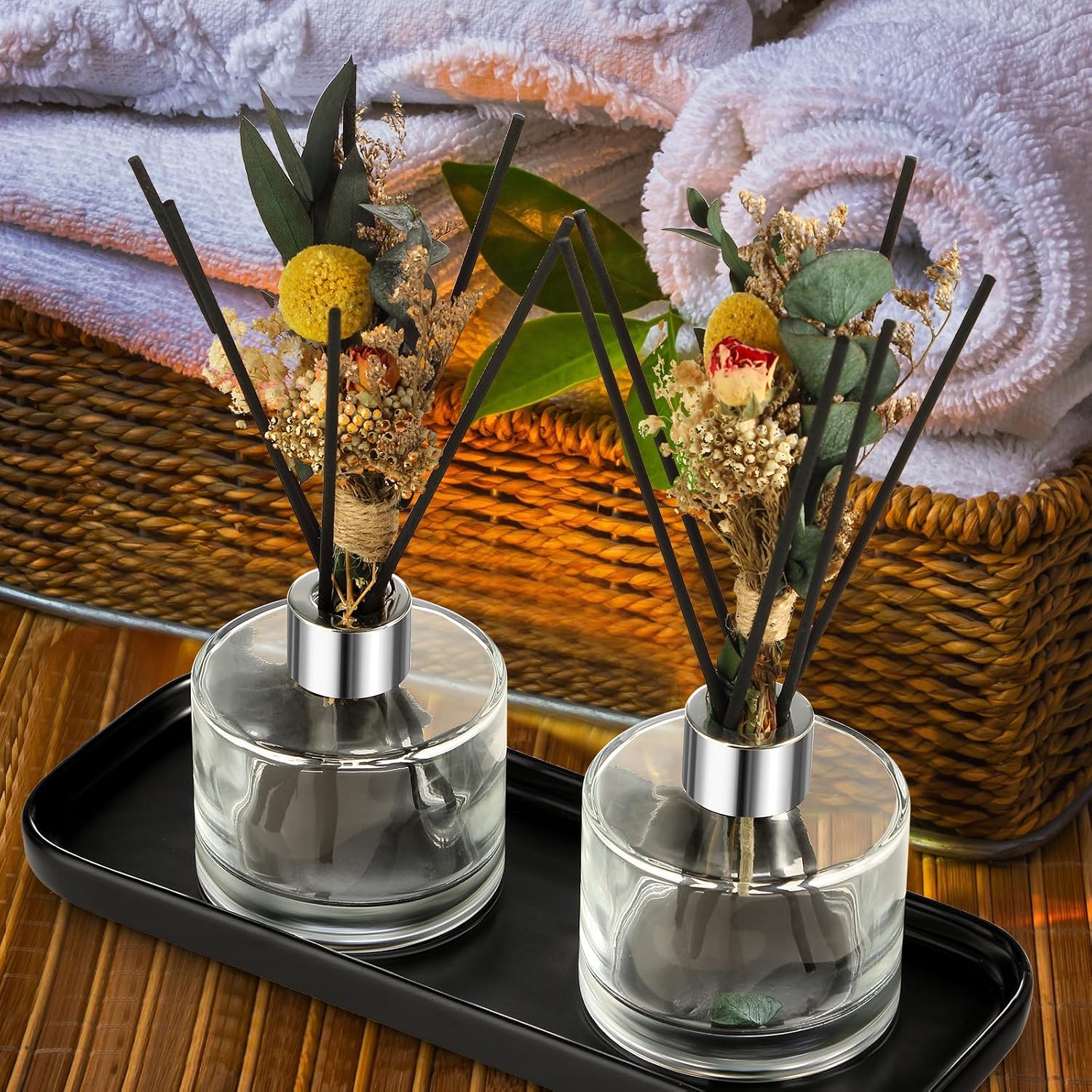 Rtteri 4 Pcs Refillable Diffuser Bottles with 40 Pcs Reeds Sticks 5 oz Empty Fragrance Glass Diffuser Bottles with Lids Baby's Breath Decor Black Ceramic Tray for Home Bathroom Office Men Women Gift