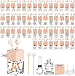 50 Pcs Glass Car Air Freshener Vent Clip Empty Essential Oil Diffuser Bottle Auto Glass Perfume Diffuser with Vent Clip Wooden Cap and Stick for Car Fragrance Ornament (Clear)