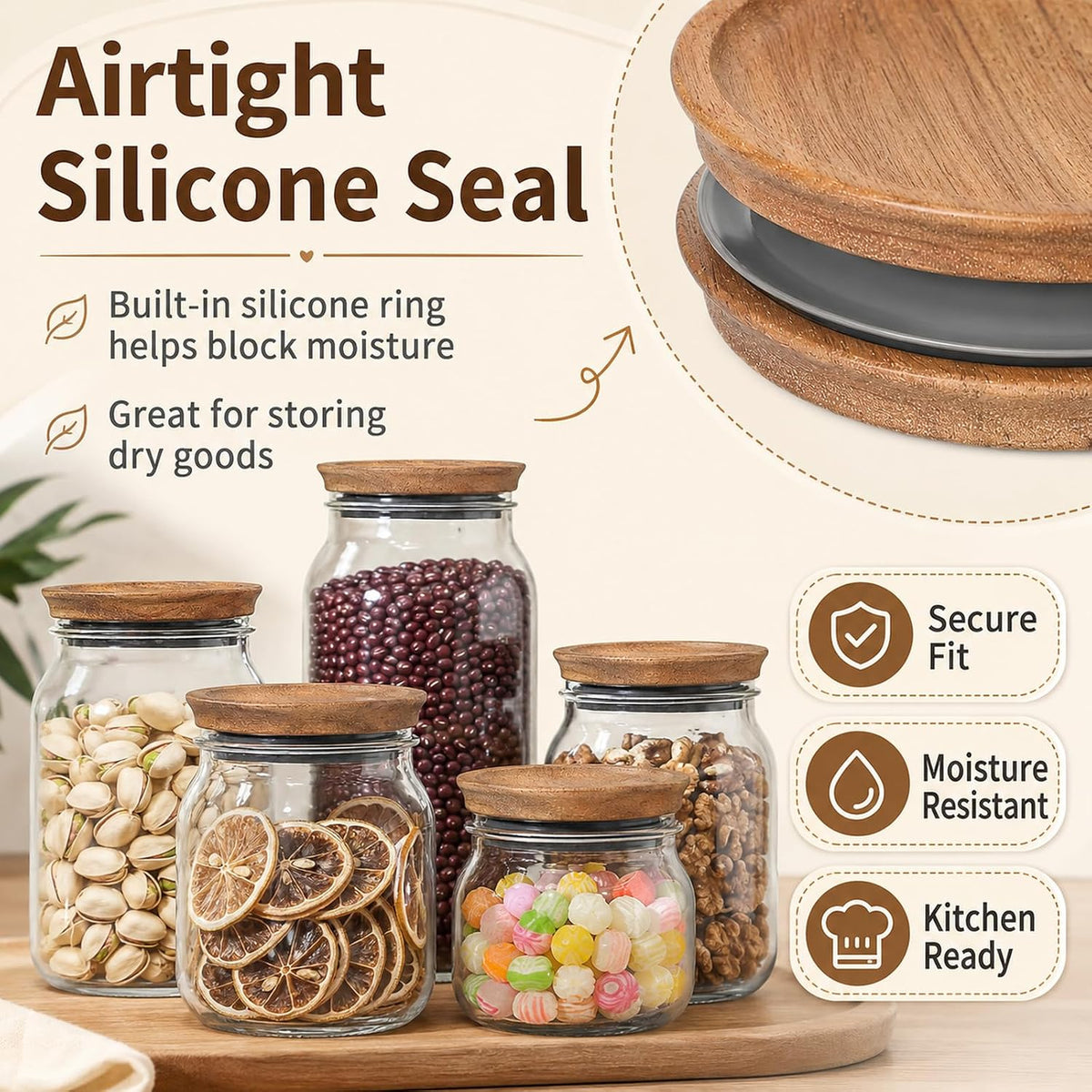 6 Pack Mason Jar Lids, Regular Mouth Mason Jar Lids, Wooden Storage Lids