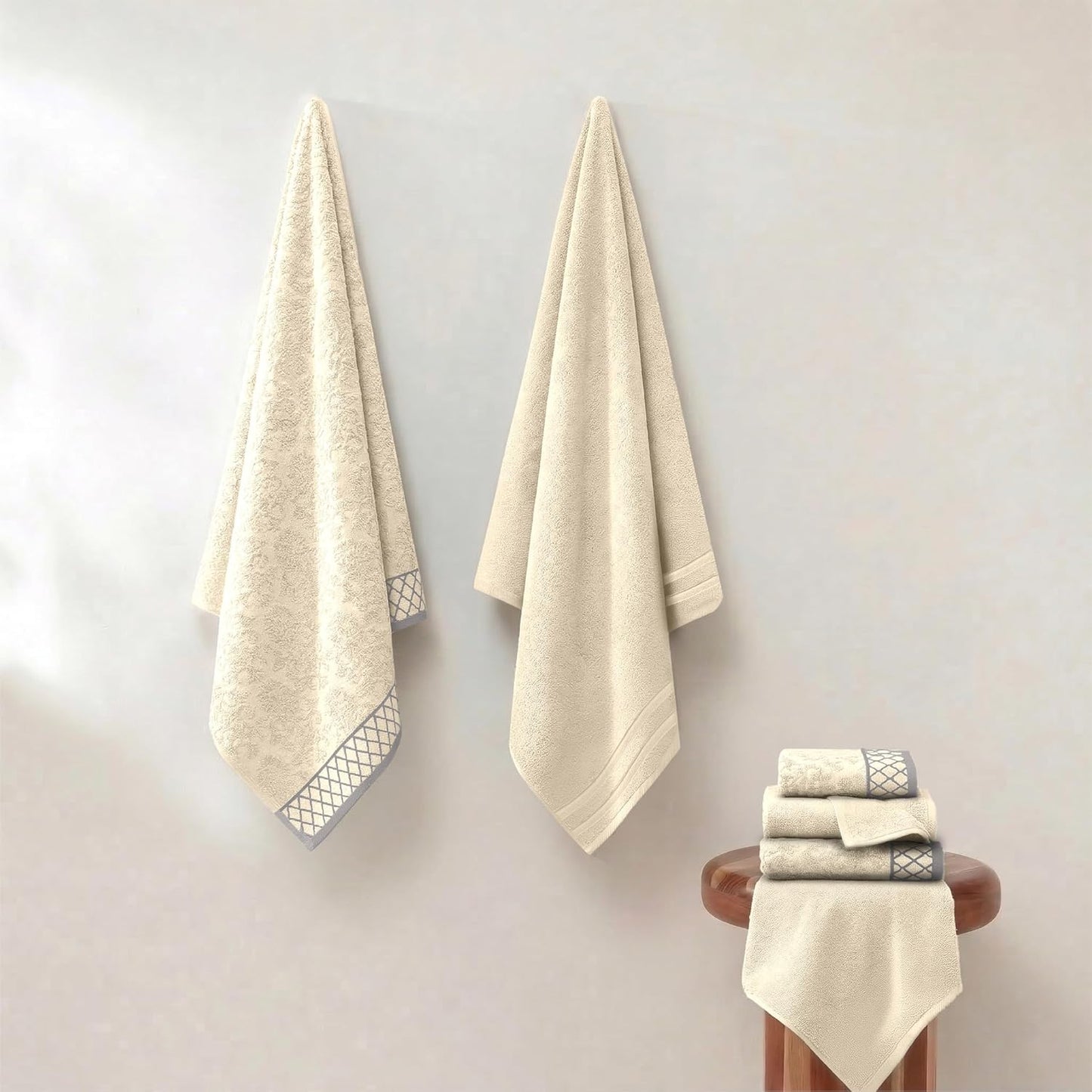 Modern Threads 6 Piece Cotton Bath Towel Set – Ultra Soft 550 GSM Towels – Bathroom Set with Hand Towels and Washcloths – Diamond Border (Ivory Cream)