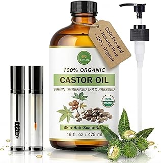 Extra Virgin USDA 100% Organic Castor Oil for Hair, Brows, Lashes & Skin – Cold-Pressed, Hexane-Free, Mess-Free Pump in 16oz Glass Bottle