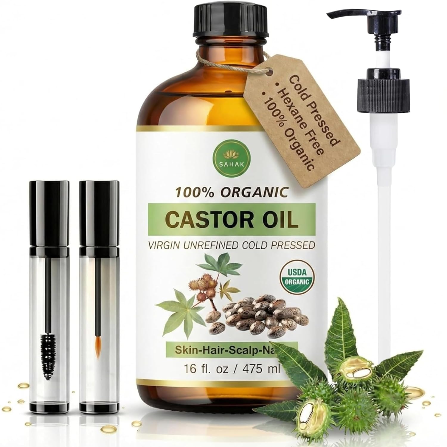 Extra Virgin USDA 100% Organic Castor Oil for Hair, Brows, Lashes & Skin – Cold-Pressed, Hexane-Free, Mess-Free Pump in 16oz Glass Bottle