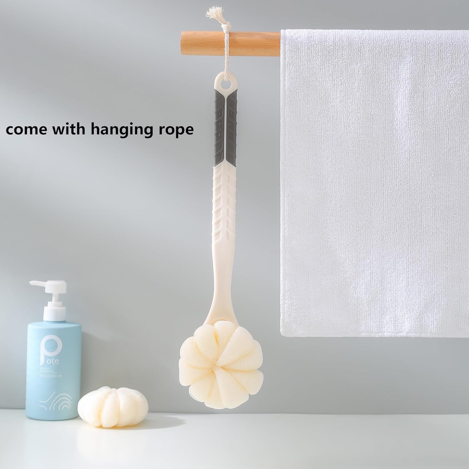 Shower Body Brush with Bristles and Large Pumpkin Loofah,Back Scrubber Bath Mesh Sponge with Anti-Slip Curved Long Handle for Skin Exfoliating,Massage Bristles for Wet or Dry,Men Women (Grey)