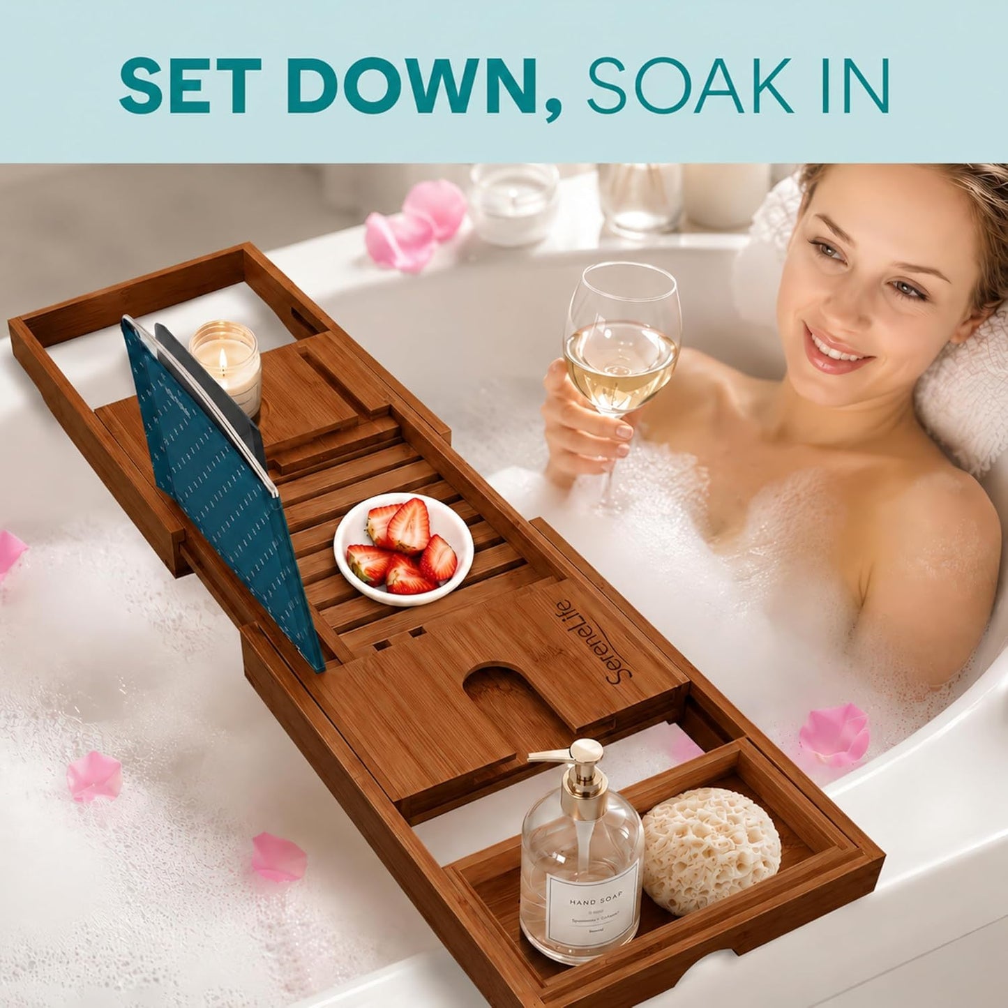 SereneLife Premium Bathtub Tray Caddy, Expandable Bath Tray, Unique House Warming Gifts, Gift for Mom, Women, New Home, Wedding, Anniversary, Bridal Shower, Universal Fit for All Tub - Brown, Gift Set