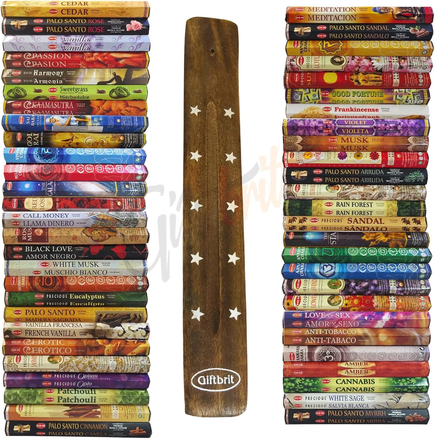 Giftbrit Hem Incense Sticks Variety Pack - 15 Fragrances (300 Sticks Total) - Sandalwood, Lavender, White sage & More - 1 x Giftbrit Holder - Long-Lasting Aromatherapy for Meditation, Yoga, Relaxation