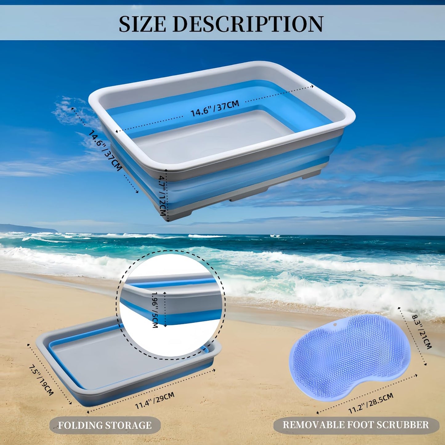 Collapsible Pool Foot Bath Tray, Portable Foot Wash Basin for Swimming Pool Ladder, Non-Slip Foot Rinse Tub for Beach & Hot Tub, Keeps Water Clean (with Blue Pad)