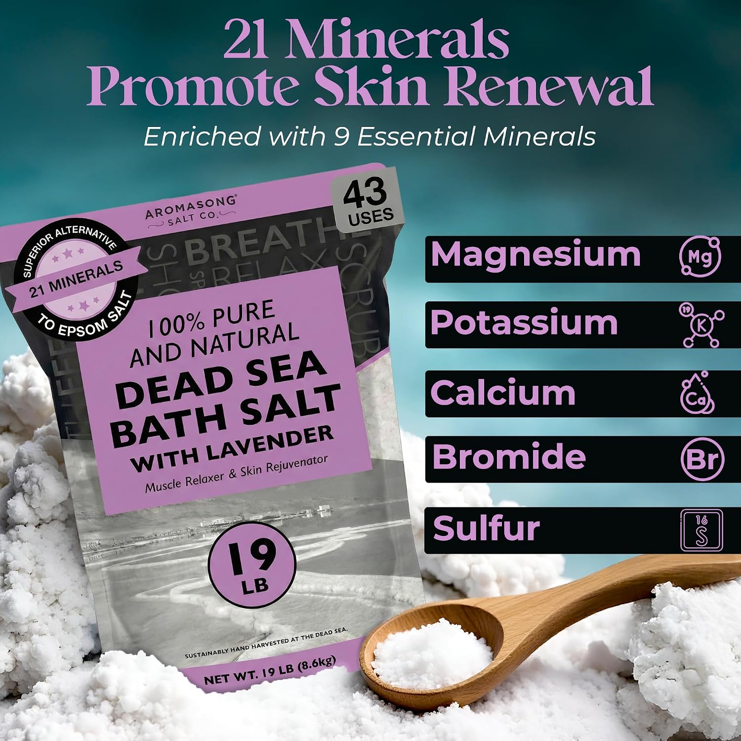 Aromasong Pure Dead Sea Salt for Soaking with 100% Natural Lavender, 19 LB - Spa Bath Salt Fine Grain - Body Wash Scrub - Soak for Women & Men- Bulk Resealable Pack