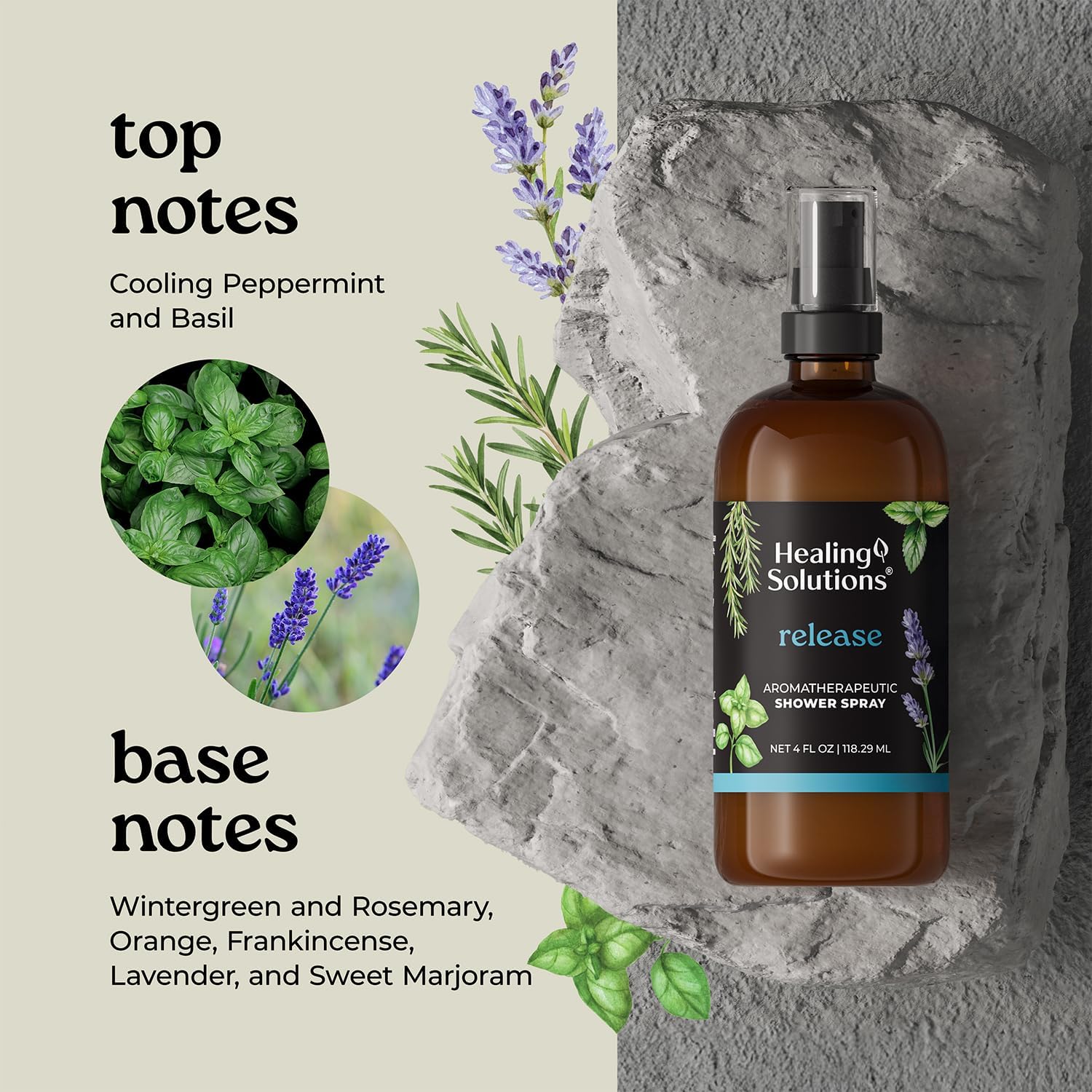Healing Solutions Aromatherapy Shower Spray, Release Blend, 4oz, Therapeutic Grade Essential Oils, Made in the USA, At Home Spa Experience. Promotes Head Relief (4oz, Release)