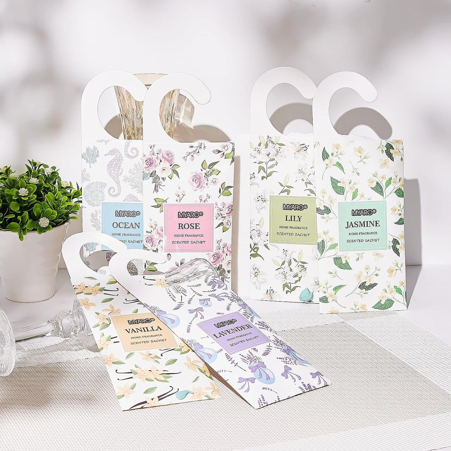 MYARO 12 Packs Large Sachets for Drawer & Closet Air Freshener Scent Potpourri Bag Long Lasting Deodorizer 6 Scents - Lavender, Rose, Jasmine, Ocean, Vanilla, Lily