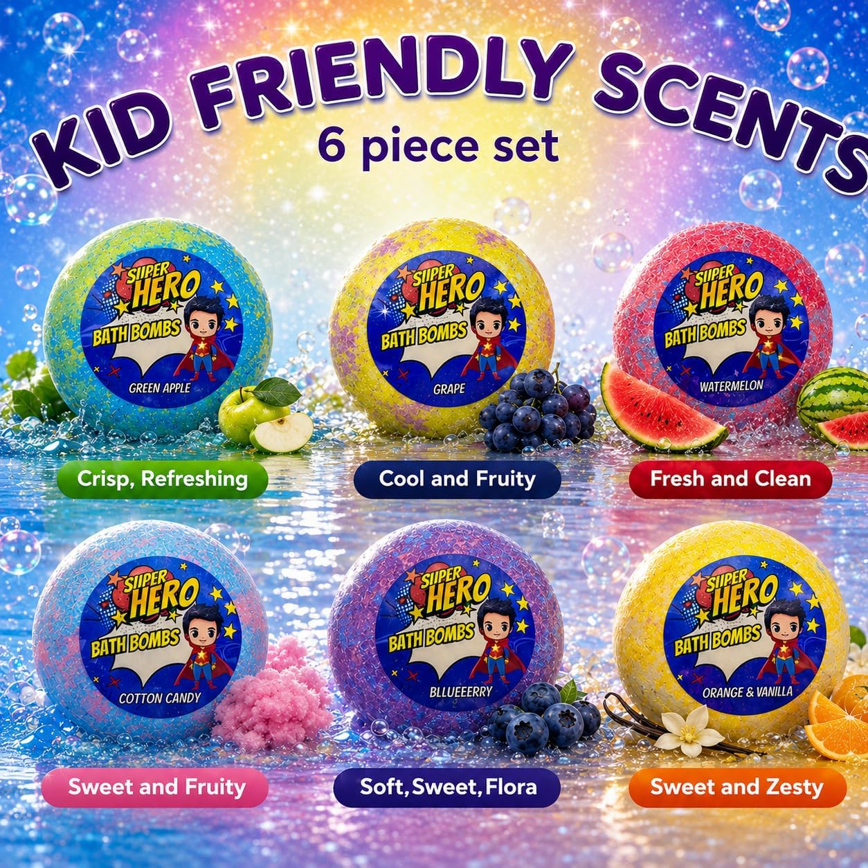 EvolutionUSA 6 Purple Epic Superhero Bath Bombs for Kids – Childrens Super Hero Bath Bombs Toy, Organic Bathbomb with Surprise, Superhero Bath Fizzers, Fun Bathbombs Birthday, Christmas, Easter
