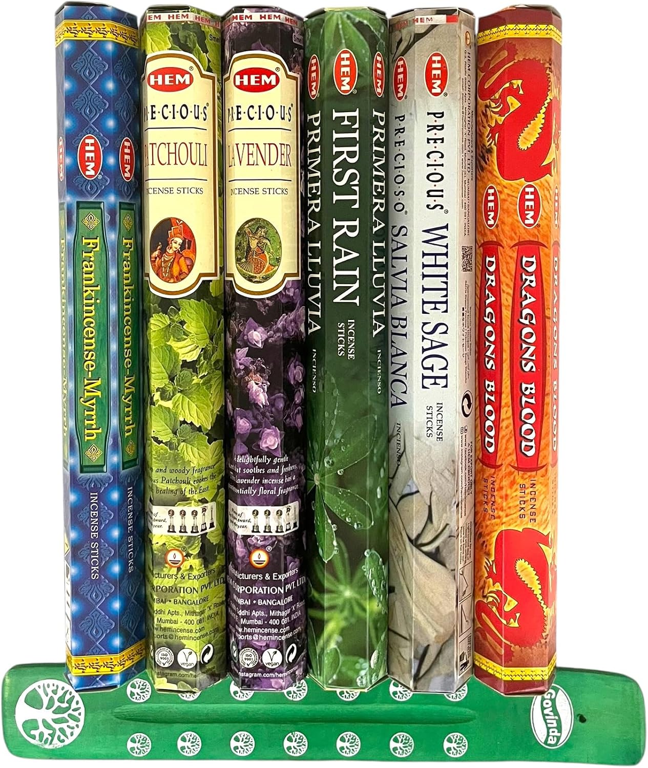 Hem Incense Sticks Variety Pack #1-120 Insence-Sticks (6 Incents x 20 Insense) + Incense Stick Holder Bundle with 6 Top Scents Including Lavender Patchouli Dragons Blood White Sage