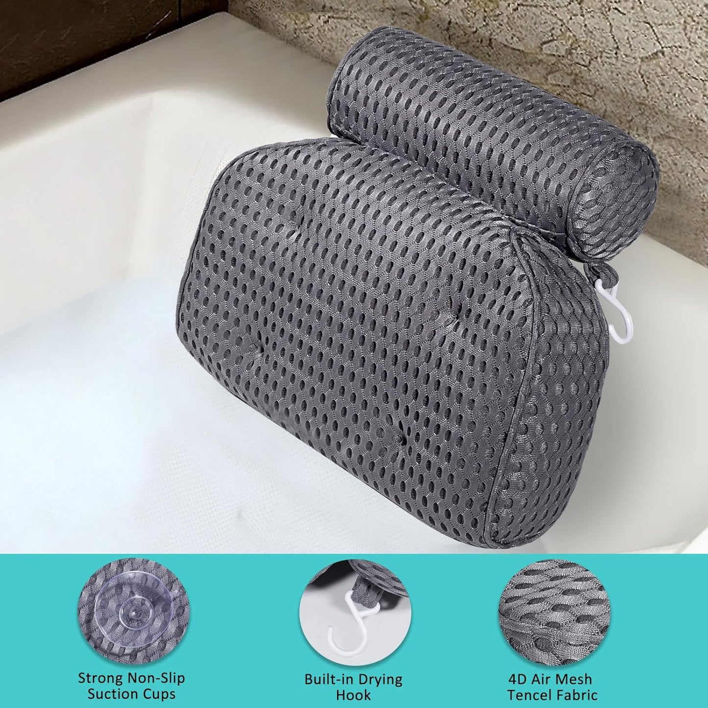 Bath Pillow for Tub Support Neck and Back, Bathtub Pillow Bath Accessories for Bathtub Women, Hot Tub Accessories for Adults Gray