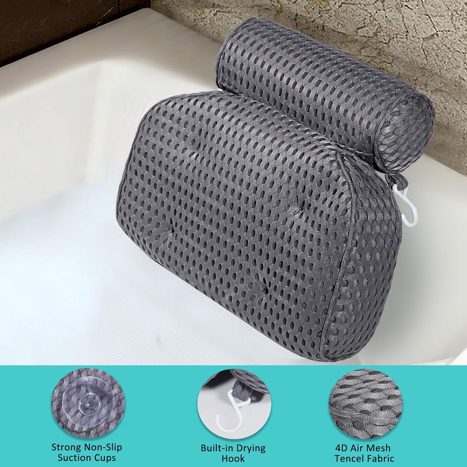 Bath Pillow for Tub Support Neck and Back, Bathtub Pillow Bath Accessories for Bathtub Women, Hot Tub Accessories for Adults Gray