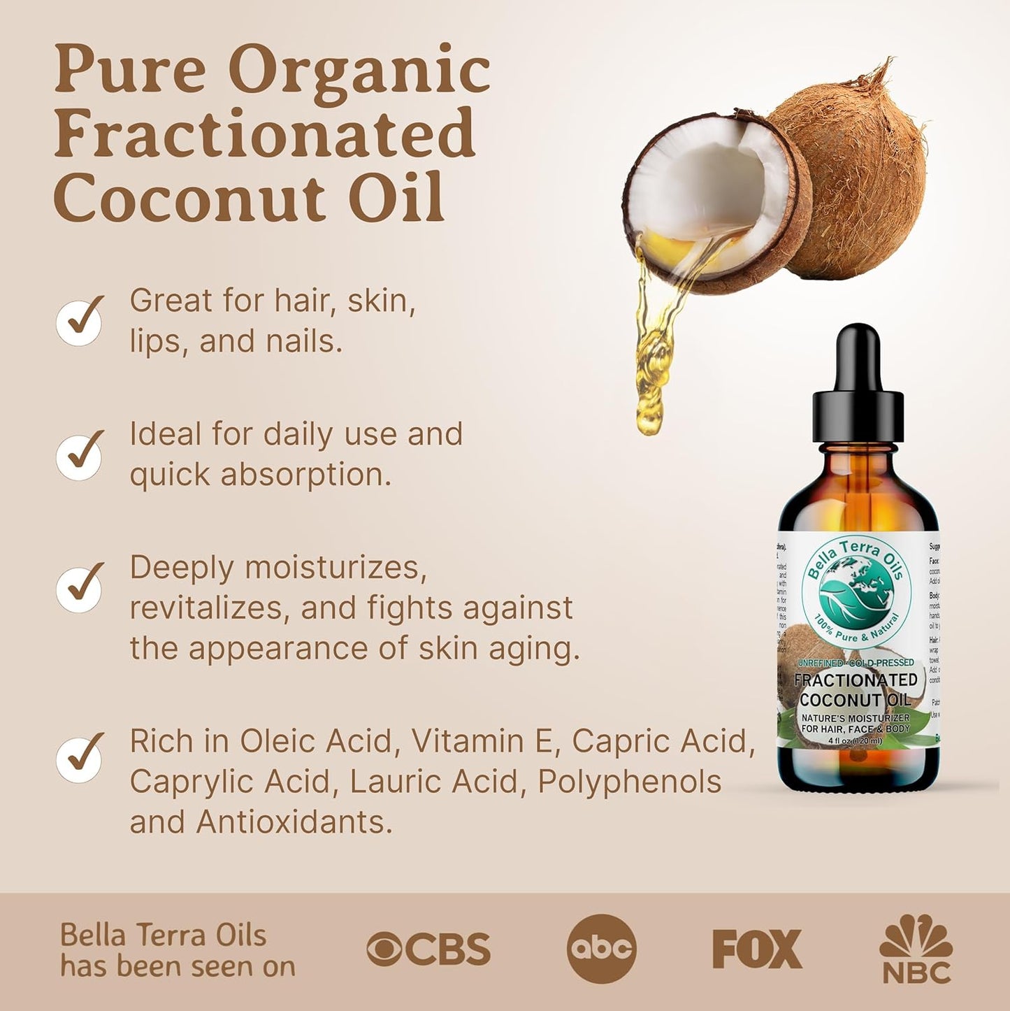Bella Terra Oils - Organic Fractionated Coconut Oil 8 oz - Experience the Purity of Liquid Coconut, Bursting with Essential Fatty Acids, Elevate Your Skin Rituals