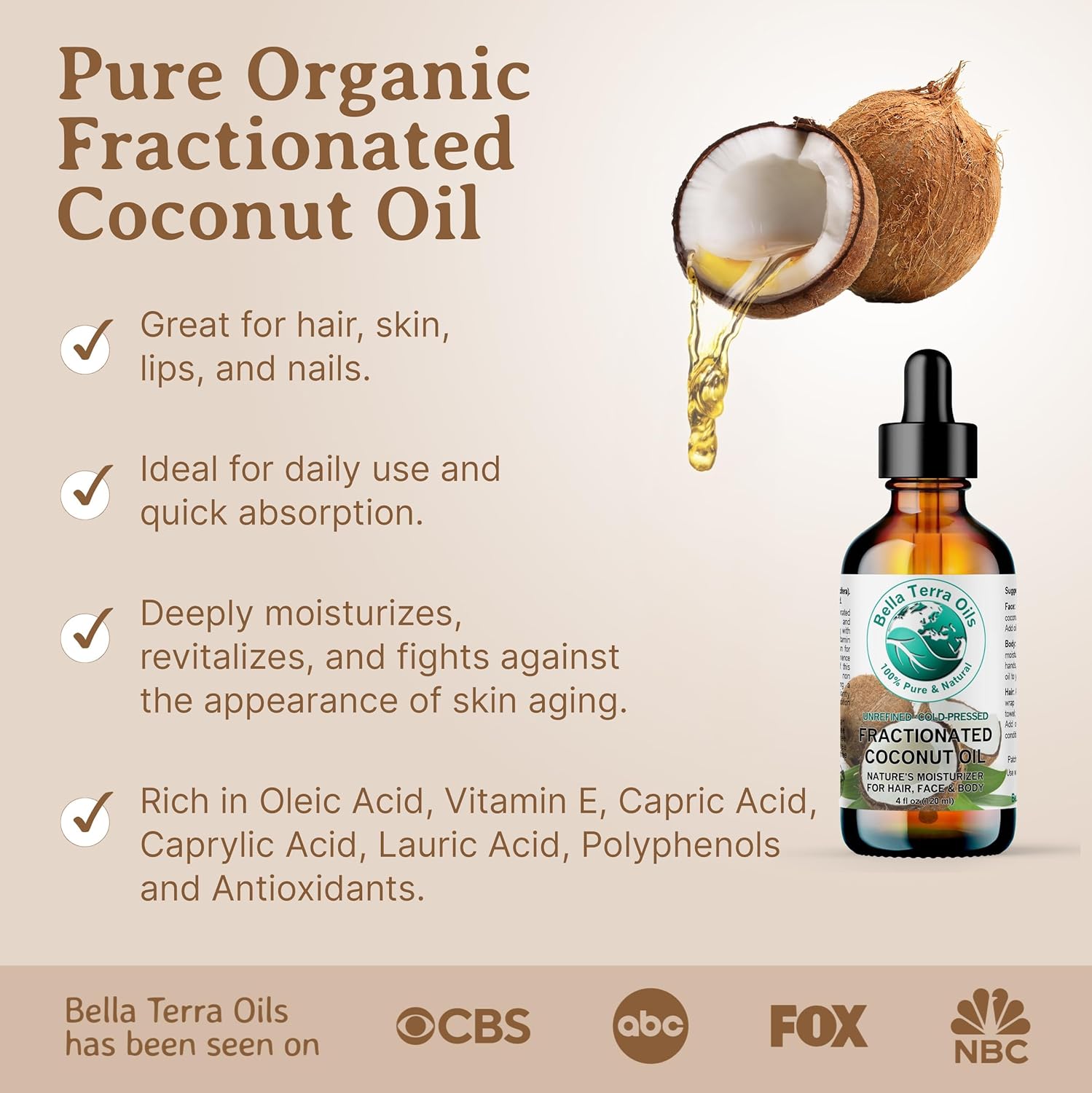 Bella Terra Oils - Organic Fractionated Coconut Oil 8 oz - Experience the Purity of Liquid Coconut, Bursting with Essential Fatty Acids, Elevate Your Skin Rituals