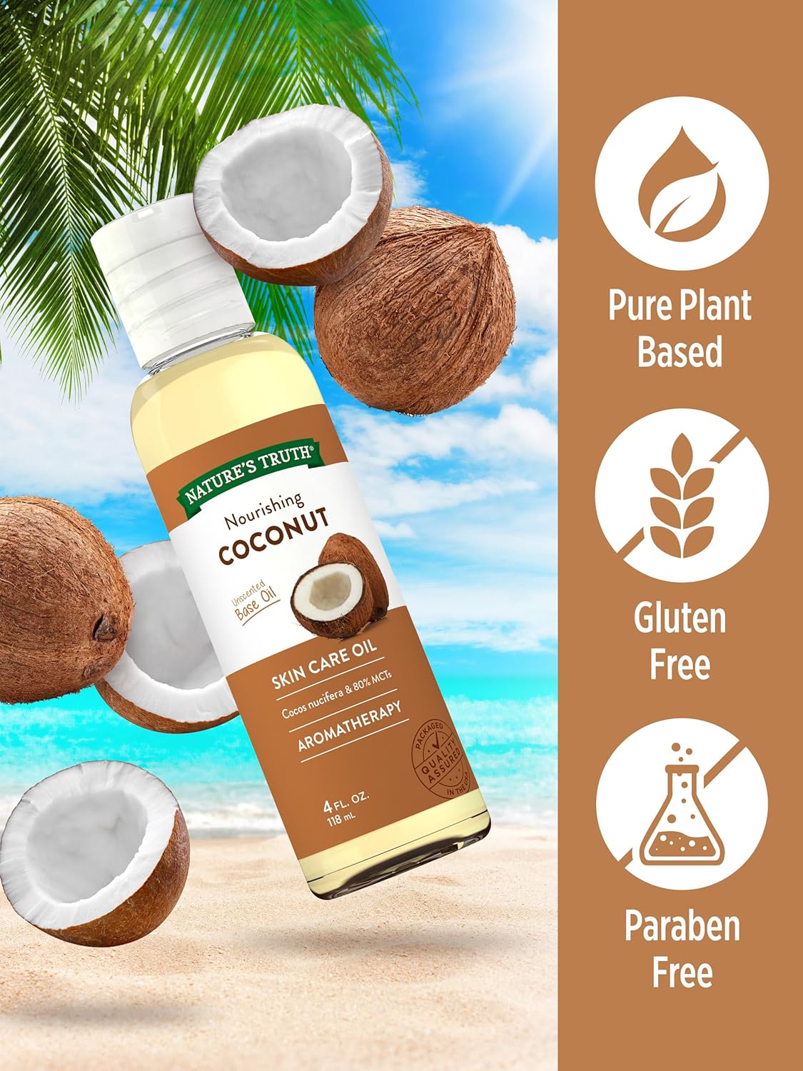 Nature's Truth Coconut Oil for Skin | Unscented Liquid Oil | Pure Plant Based | Paraben and Gluten Free | 4 oz