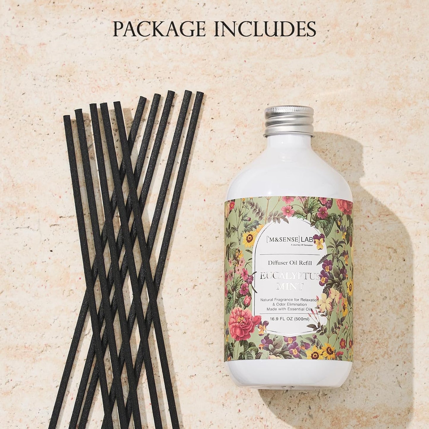 M&SENSE Reed Diffuser Oil Refill, 16.9oz (500ml) Eucalyptus & Mint Scent Home Fragrance with 10 Hollow Reed Sticks, Scented Oil Refills, Natural Essential Oils for Diffusers, Décor for Home Spa Office