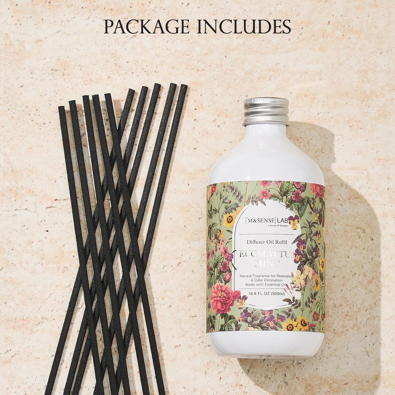M&SENSE Reed Diffuser Oil Refill, 16.9oz (500ml) Eucalyptus & Mint Scent Home Fragrance with 10 Hollow Reed Sticks, Scented Oil Refills, Natural Essential Oils for Diffusers, Décor for Home Spa Office