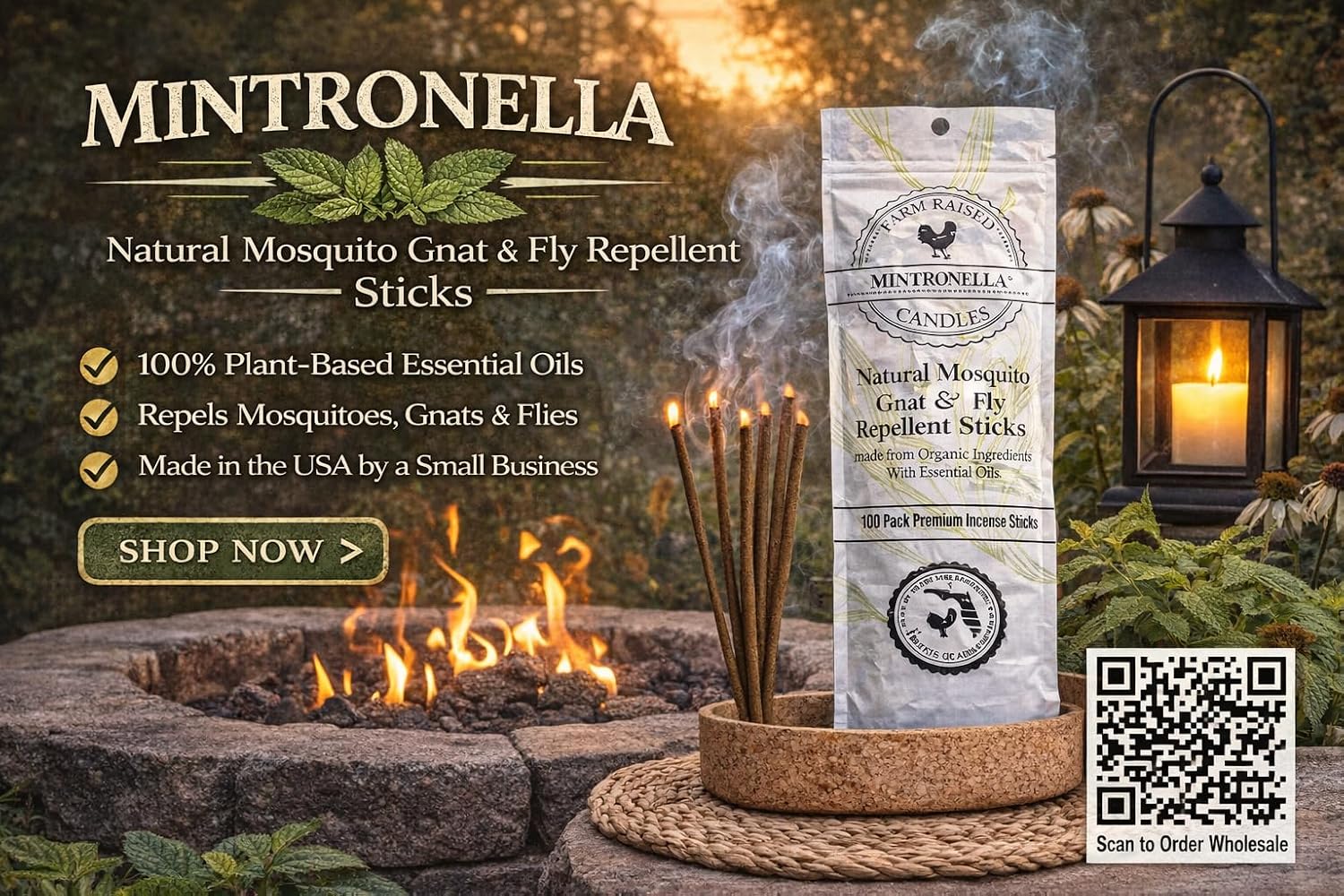 Mintronella USA Made Citronella & Peppermint Mosquito Repellent Incense Sticks – 100 Pack – Natural Bug & Insect Repellent – Outdoor Camping, Patio Decor – No‑See‑Um & Gnats, Fly