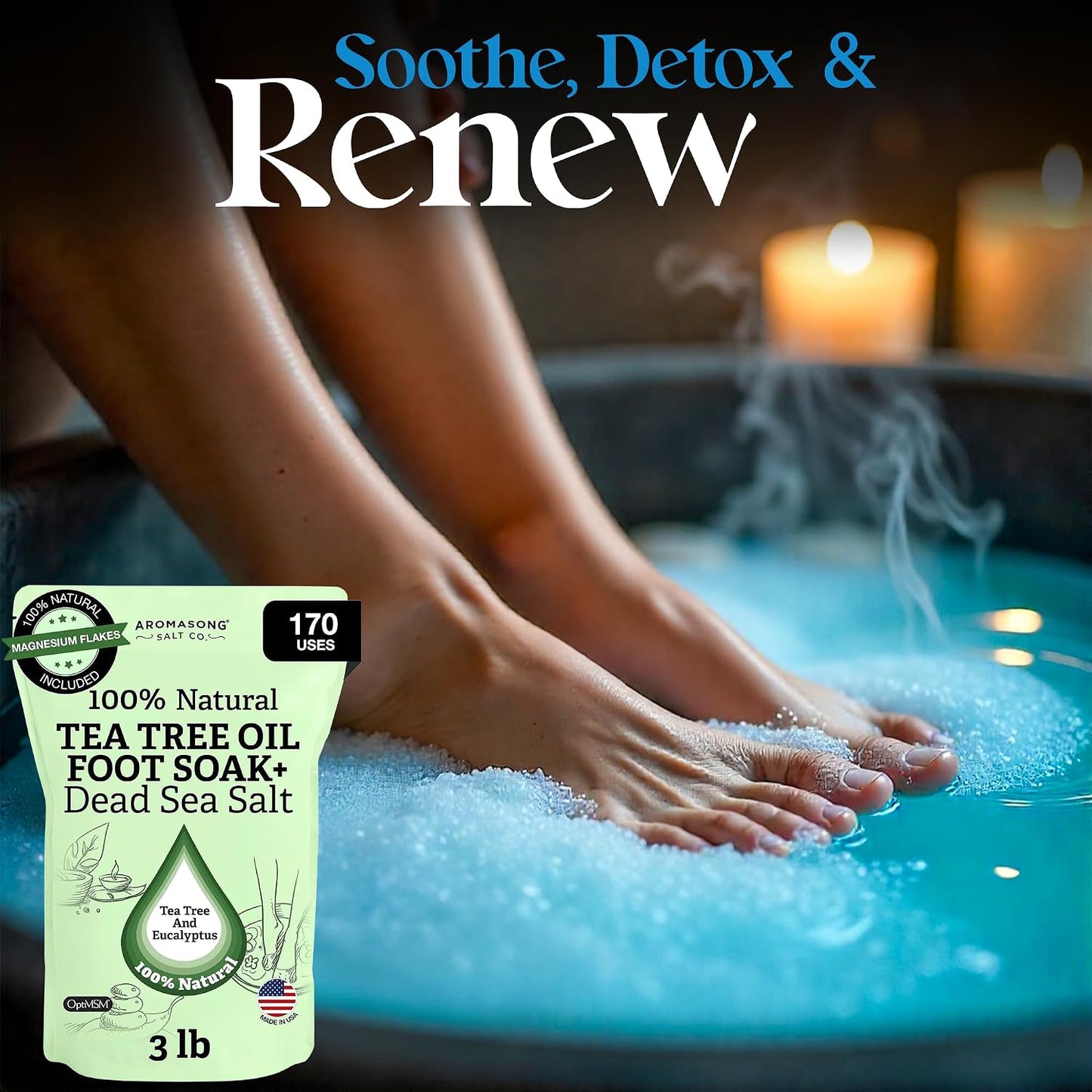Aromasong Tea Tree Foot Soak with Magnesium Flakes and Dead Sea Foot Soaking Salts - Pedicure Tea Tree Oil Foot Soak for Dry Cracked Feet-Athlete's Callus Remover- Eliminates Odor- Packaging May Vary