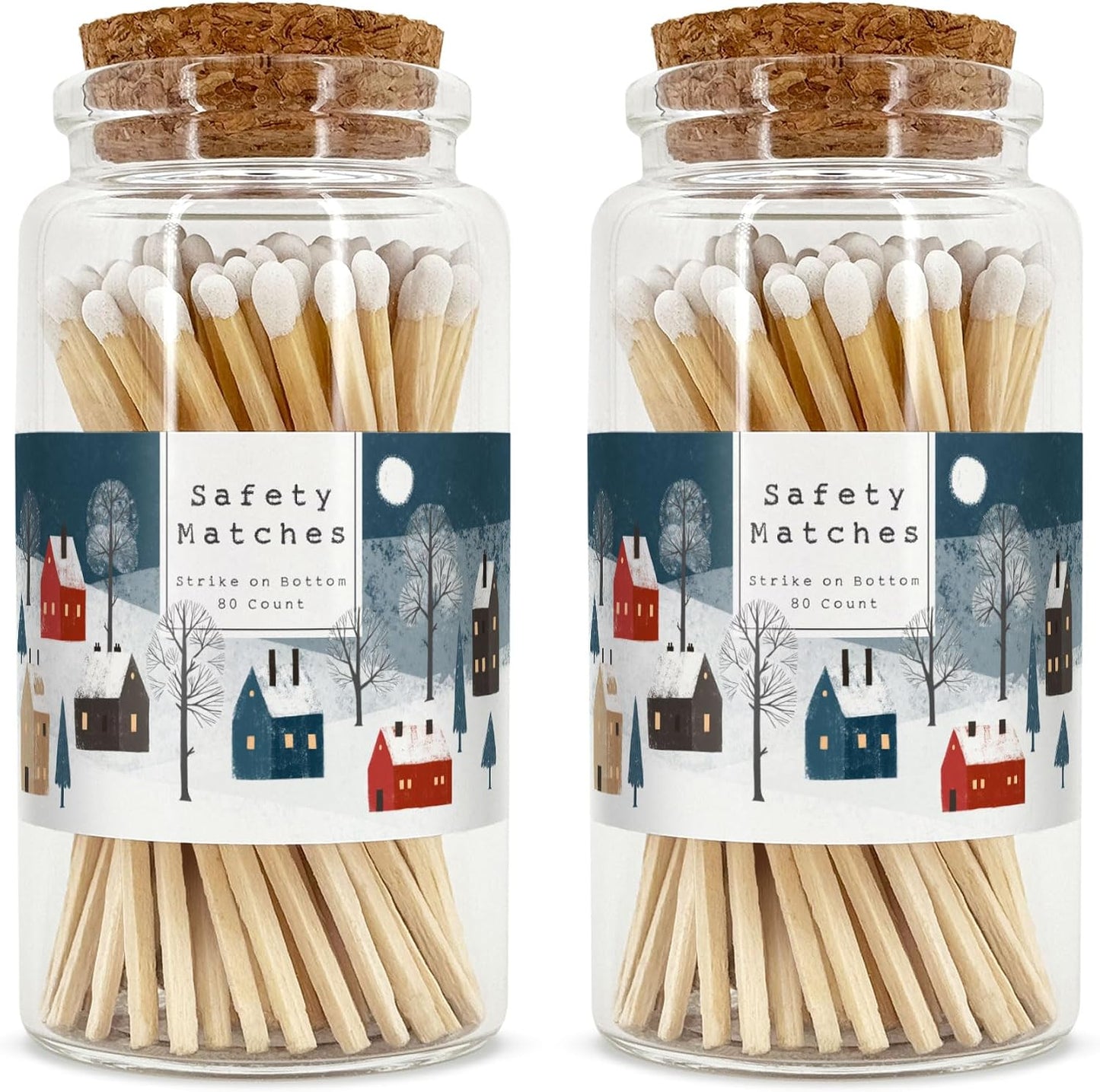 Snowy Village Wooden Matches in a Jar with Striker | Decorative Matches for Candles | Long Matches for Candles in Apothecary Glass Jar | Approx. 80 Safety Matches for Home Decor & Bathroom