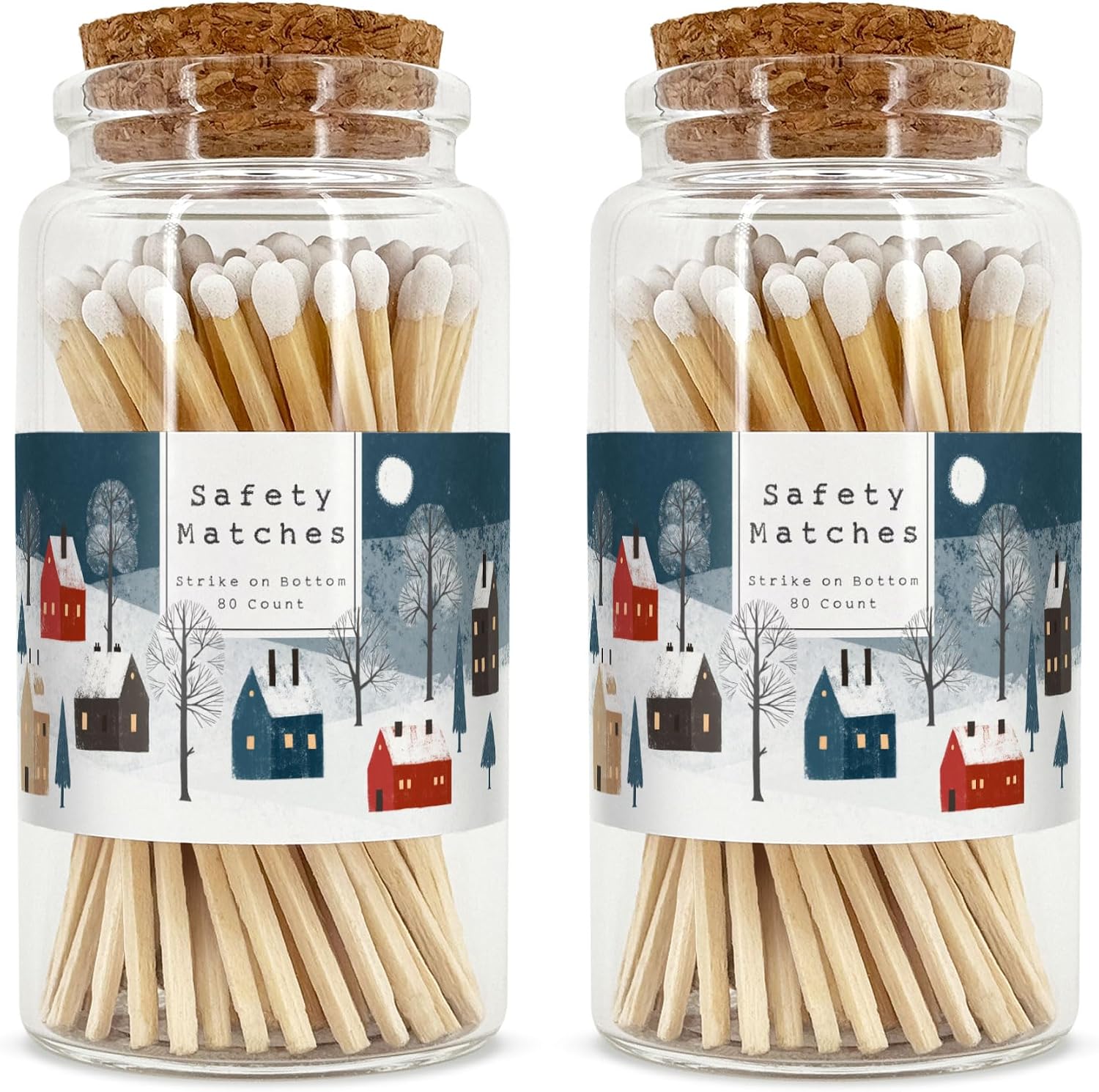 Snowy Village Wooden Matches in a Jar with Striker | Decorative Matches for Candles | Long Matches for Candles in Apothecary Glass Jar | Approx. 80 Safety Matches for Home Decor & Bathroom