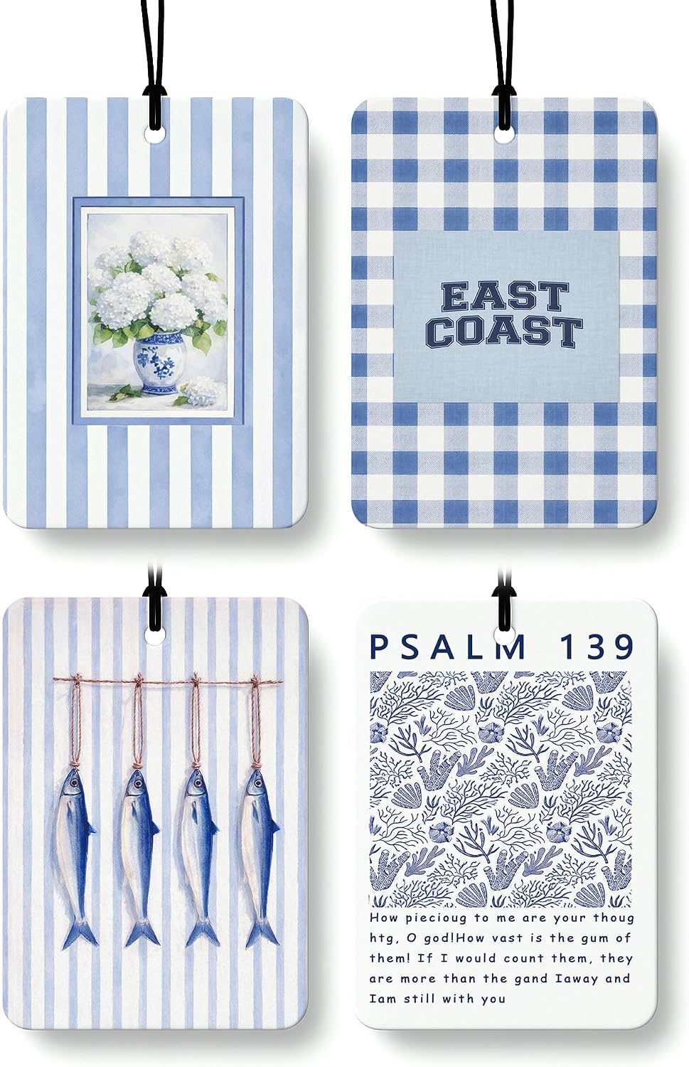 Blue Coastal Christian Car Air Freshener 4 Pcs, East Coast Seafish Hydrangea Religious Bible Verse Hanging Air Freshener for Cars Closet Drawer Books, Christian Beachy Car Accessories for Women