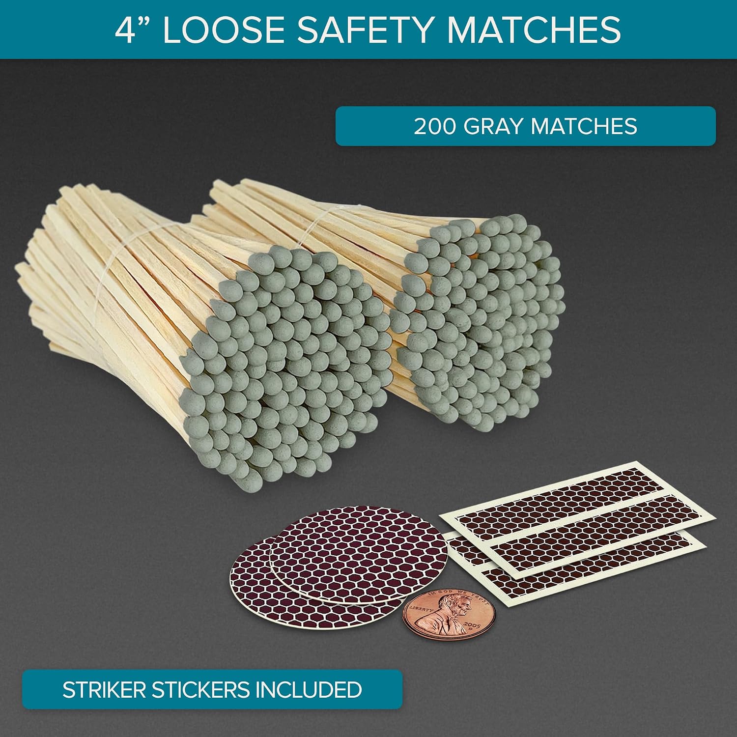 4" Gray Matches (200 Count, with Striking Stickers Included) | Decorative Unique & Fun for Your Home, Gifts, Accessories & Events | Premium Long Wood Safety Matches by Thankful Greetings