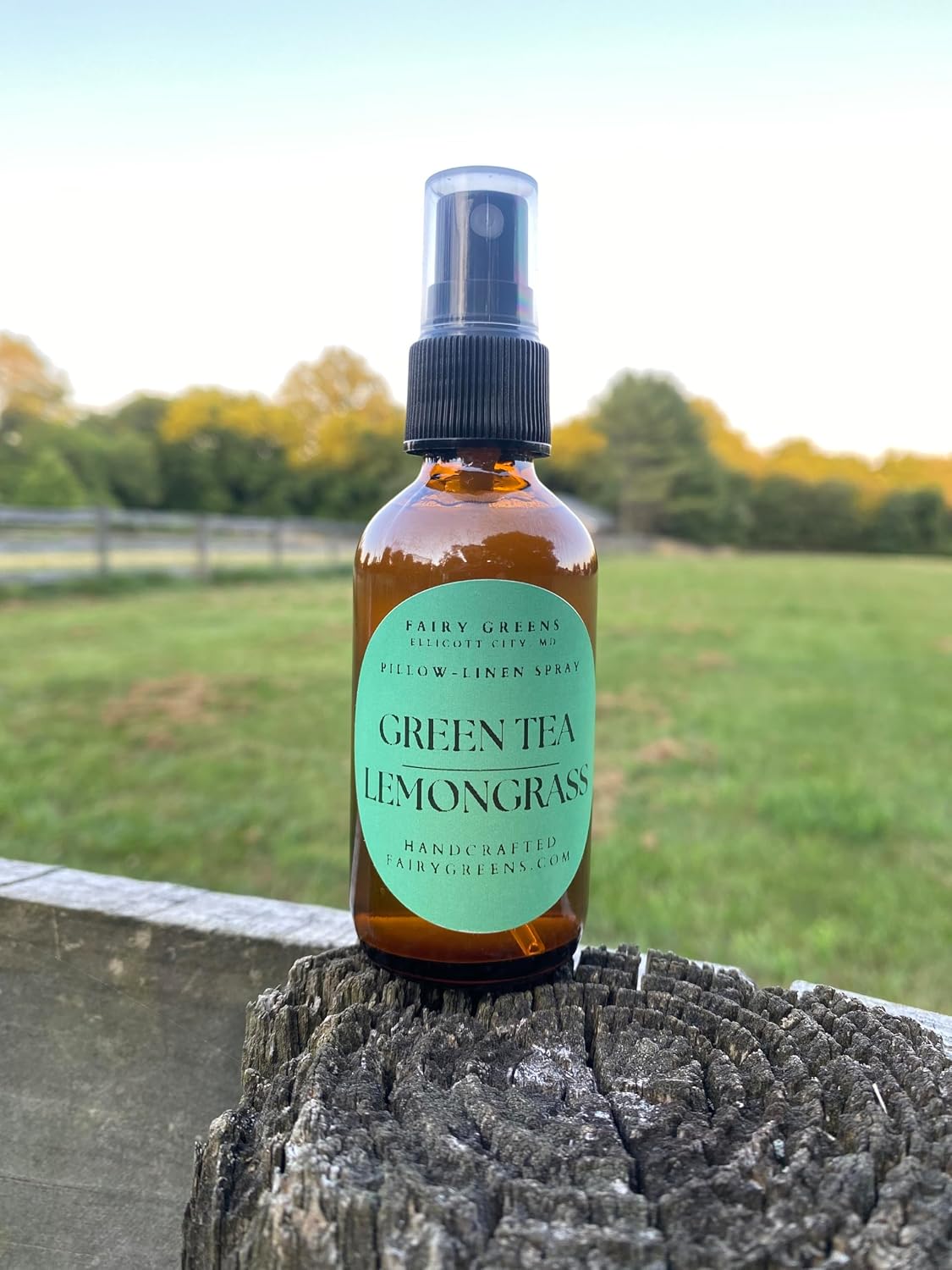 Green Tea and Lemongrass Pillow/Linen/Body Spray by Fairy Greens Lavender Farm in Ellicott City, MD | All Natural | 2oz Amber Bottle